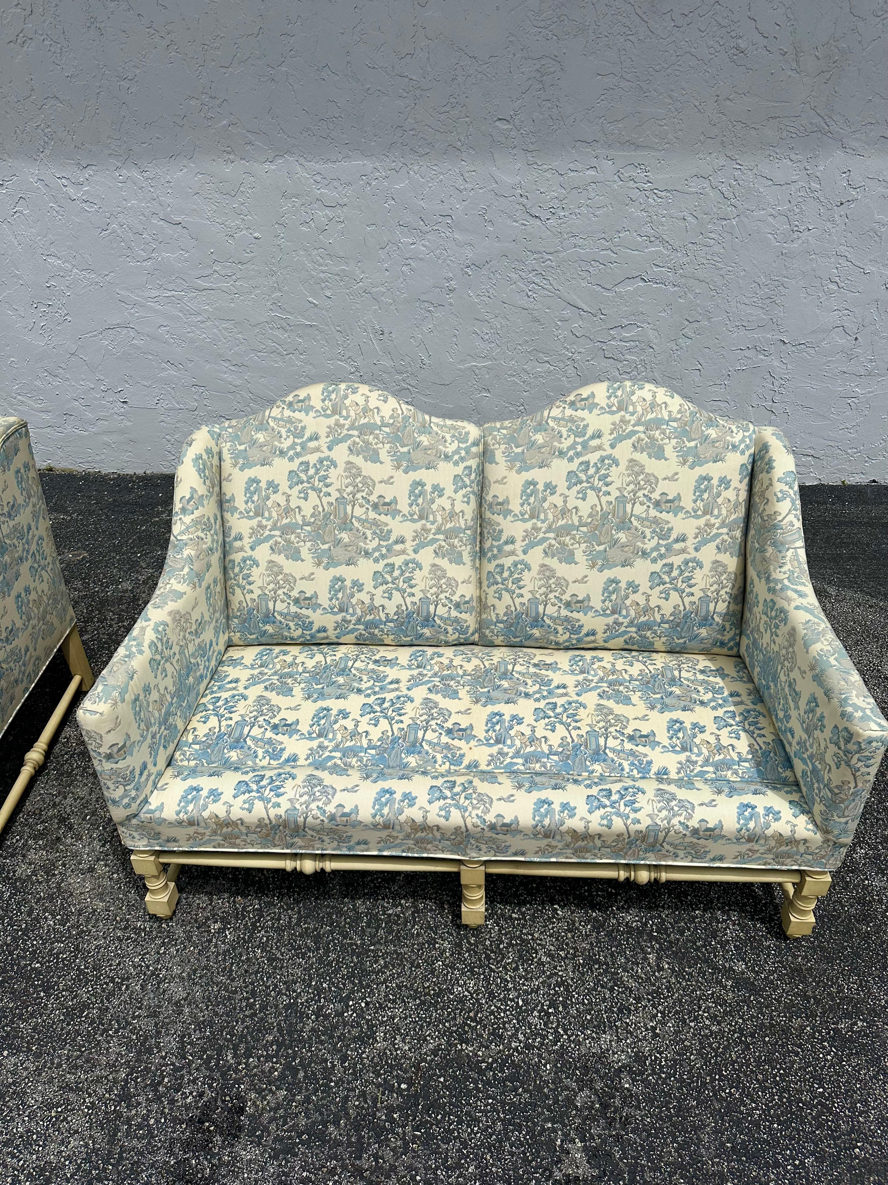 Settee française des années 1940 en toile bleue et blanche en forme d'arc serpentin, lot de 2 en vente 10