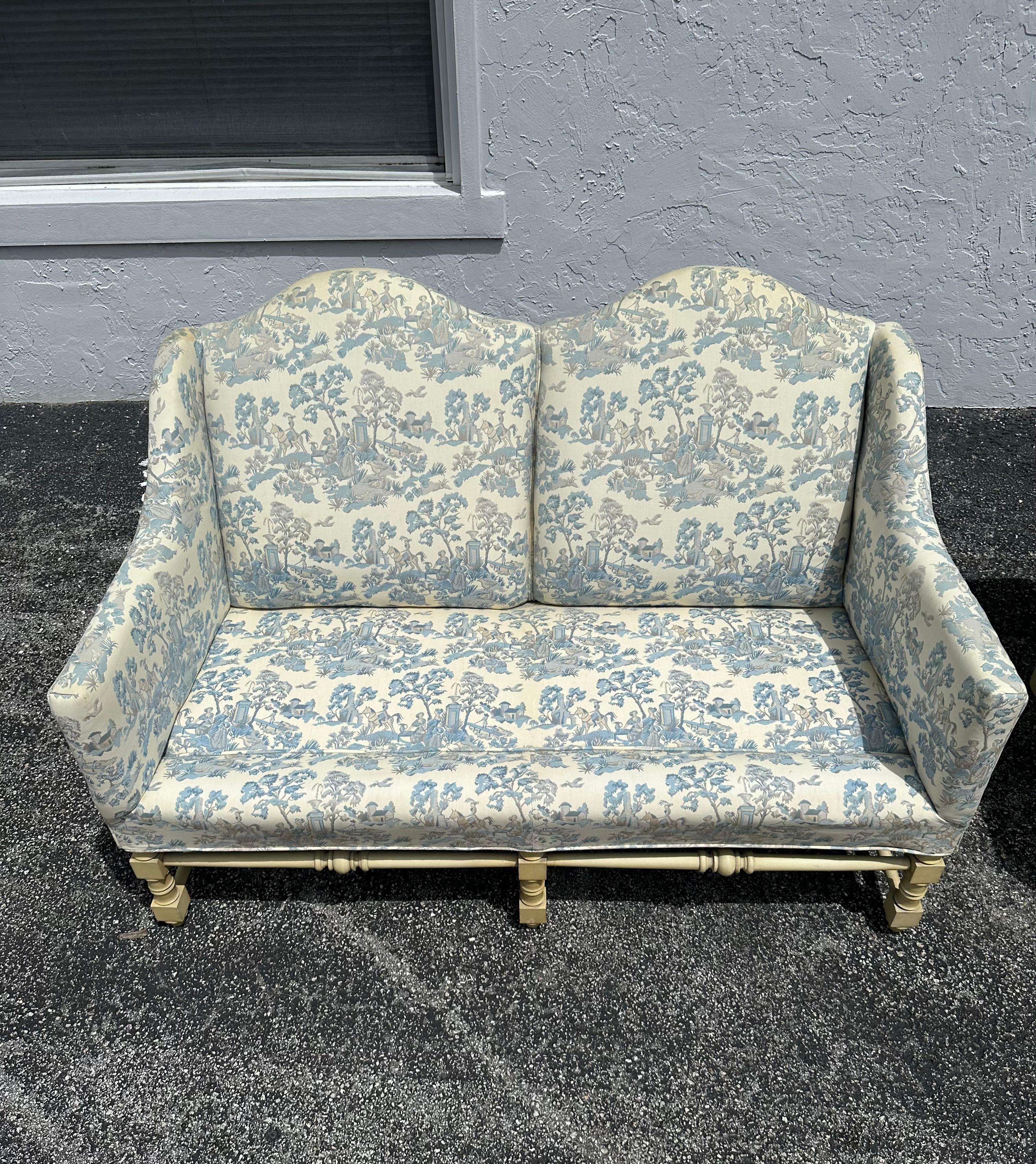 Settee française des années 1940 en toile bleue et blanche en forme d'arc serpentin, lot de 2 en vente 11