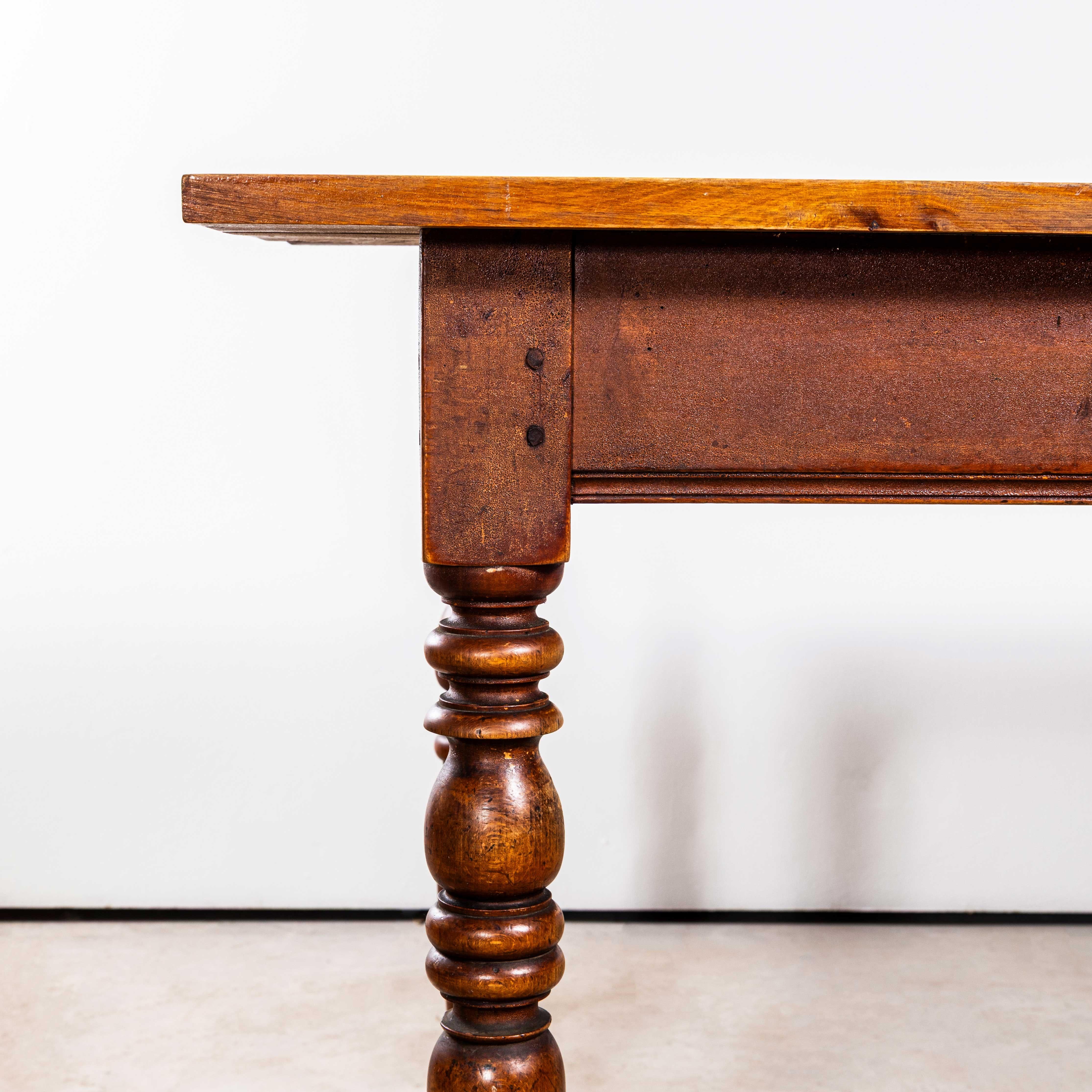 1940’s French Bobbin Leg Mid Oak Fruitwood Kitchen Dining Table. 

Good sized original French table with a rich golden colour and character. Beautifully made in solid oak and fruitwood throughout. The table is made with turned bobbin legs and good