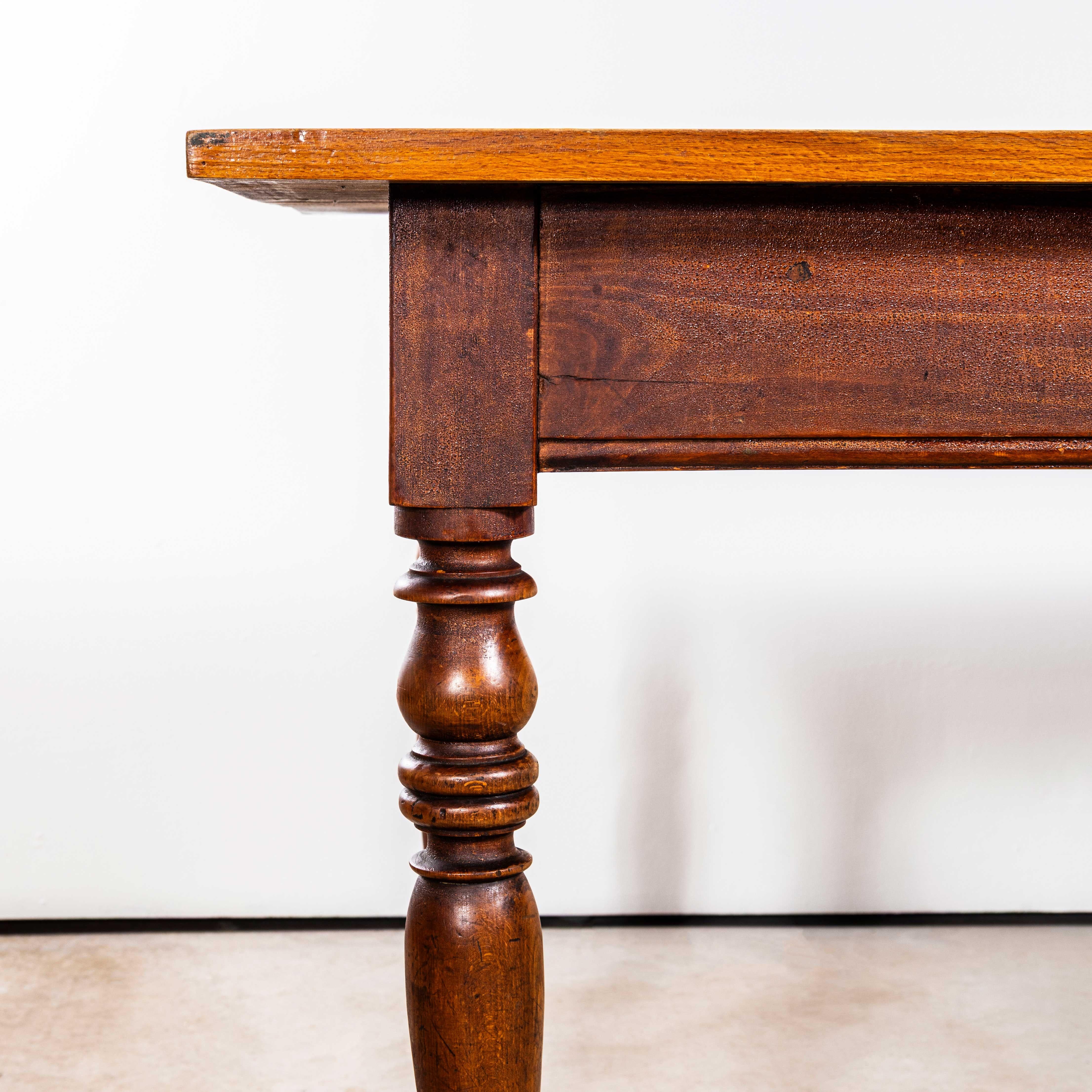 1940’s French Bobbin Leg Mid Oak Fruitwood Kitchen Dining Table. Good sized original French table with a rich golden colour and character. Beautifully made in solid oak and fruitwood throughout. The table is made with turned bobbin legs and good