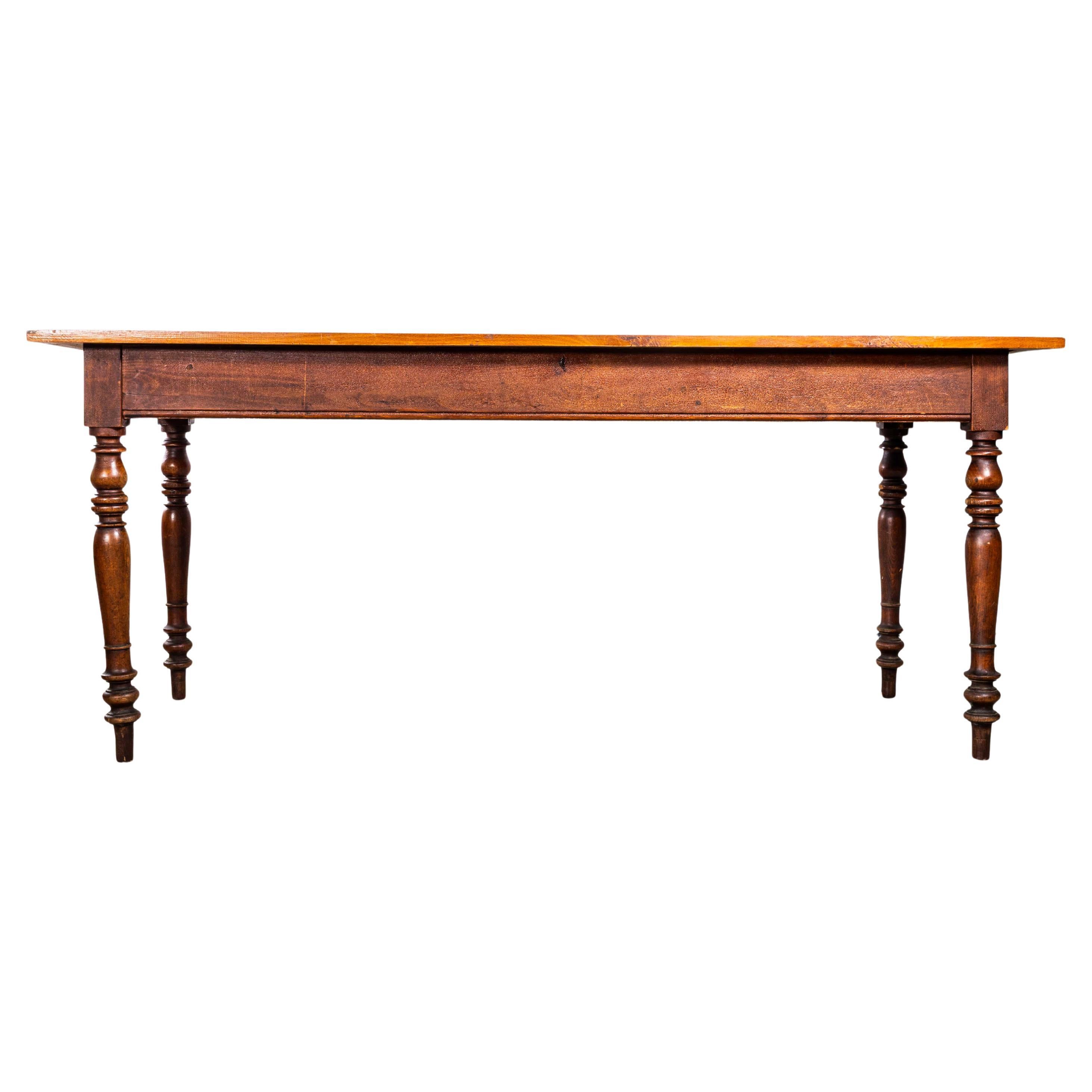 1940’s French Bobbin Leg Mid Oak Fruitwood Kitchen Dining Table For Sale