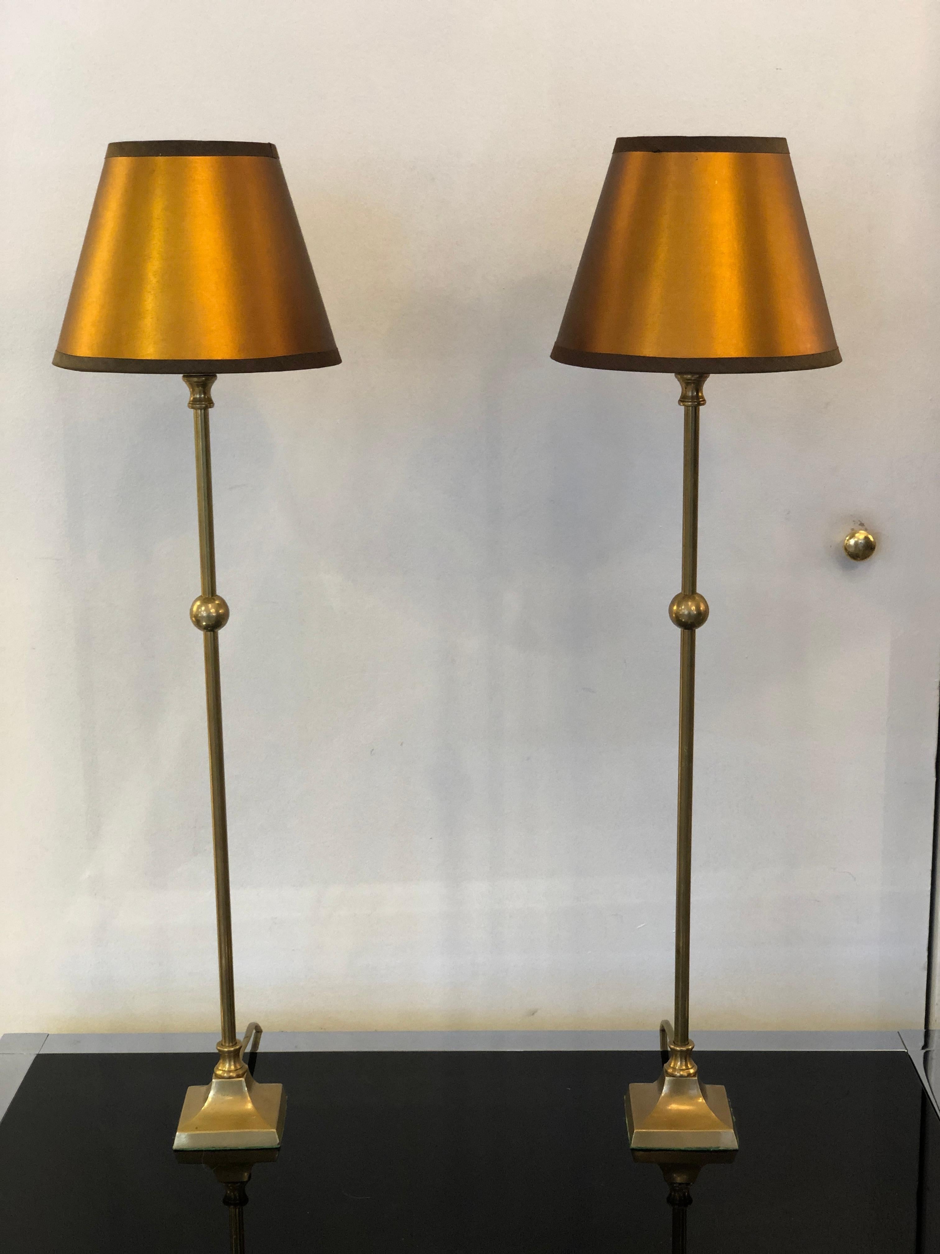 Art Deco 1940s French Brass Table Lamps Bronze Lampshades