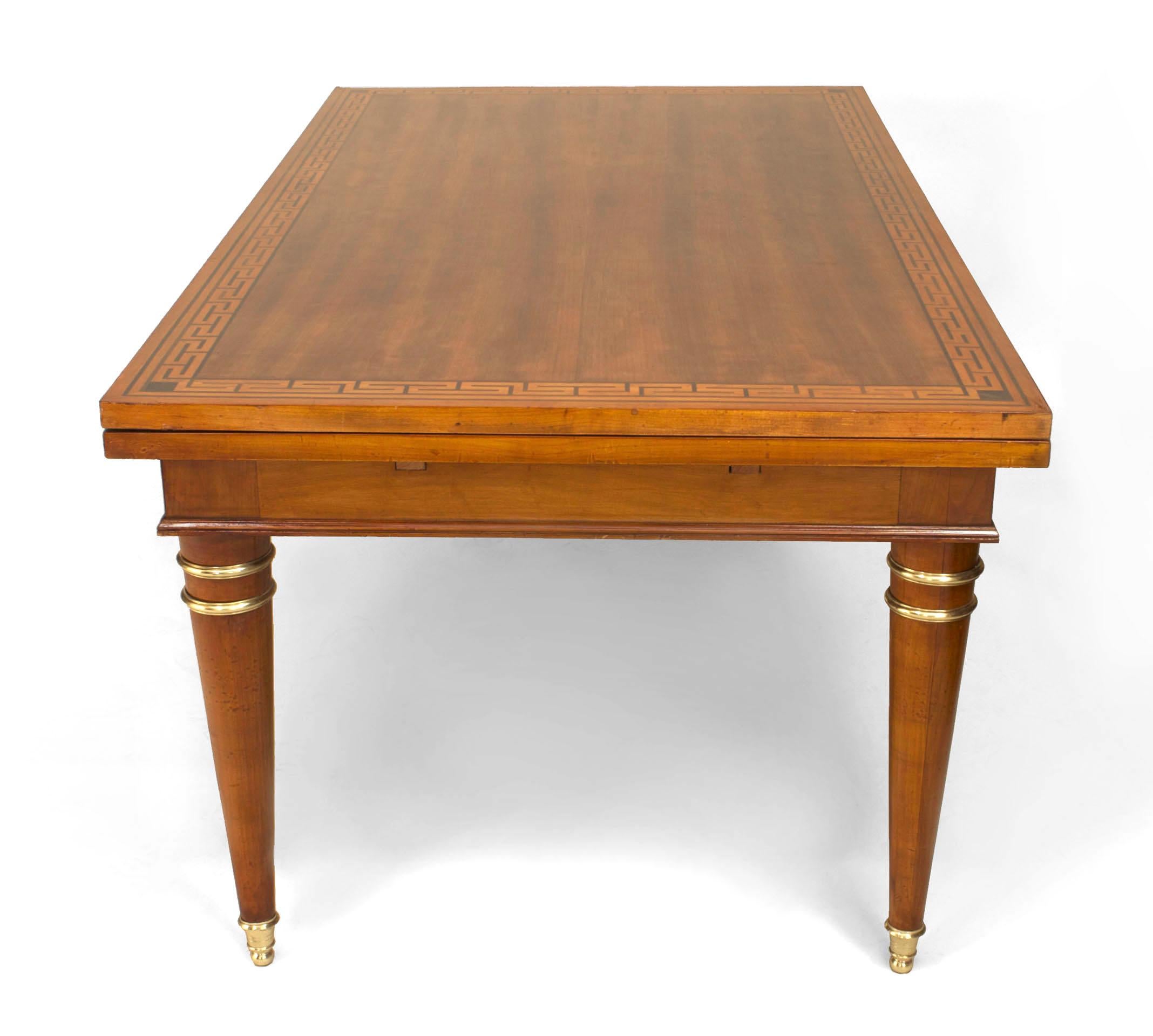 French Mid-Century (1940s) mahogany rectangular dining table with a Greek key inlaid border & interior extension leaves (2 Leaves - 31