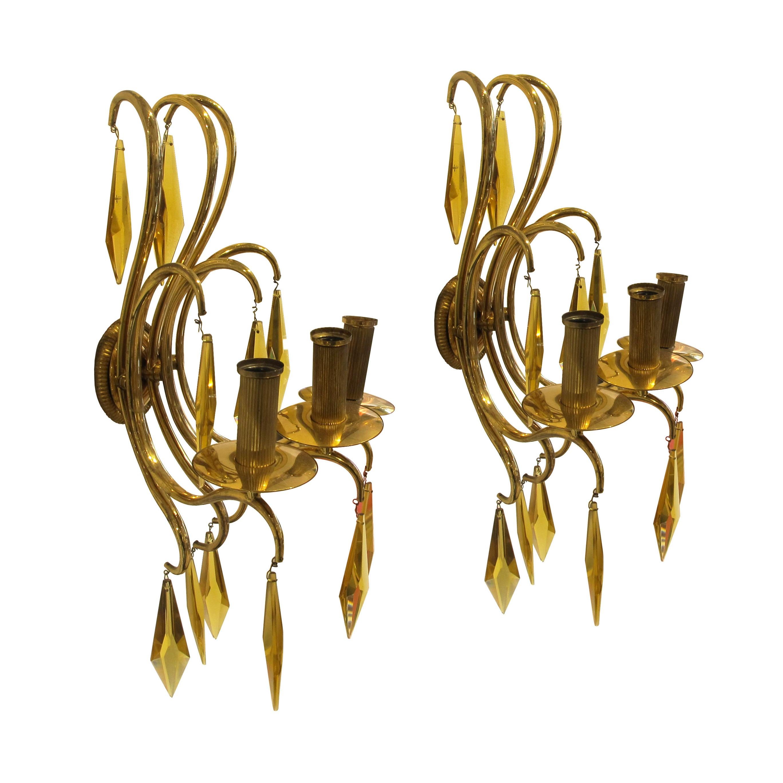 Art Deco 1940s French Bronze and Amber Crystal Wall Lights attributed to André Arbus