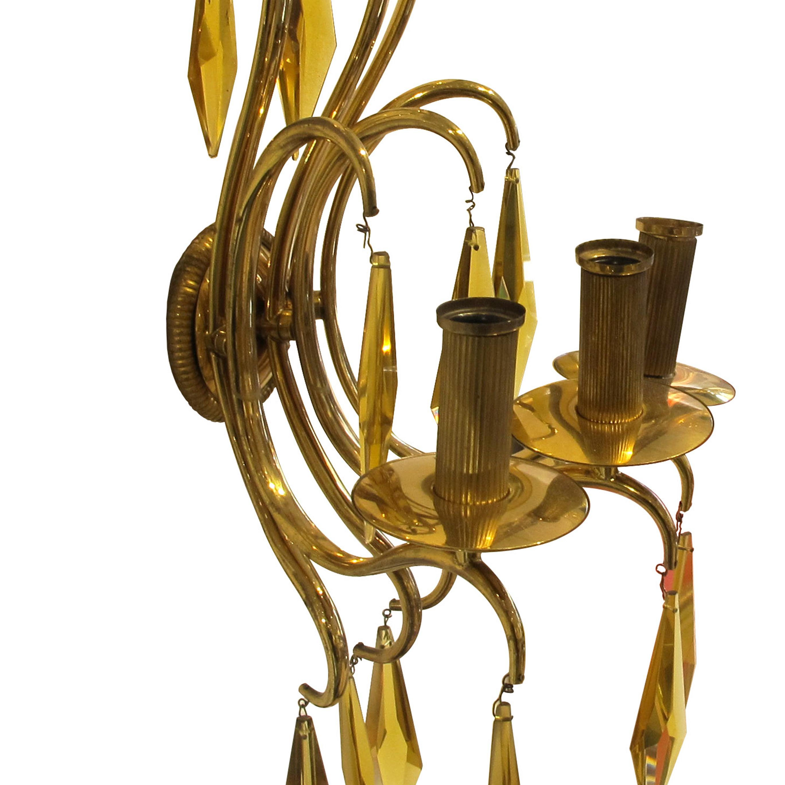 Mid-20th Century 1940s French Bronze and Amber Crystal Wall Lights attributed to André Arbus