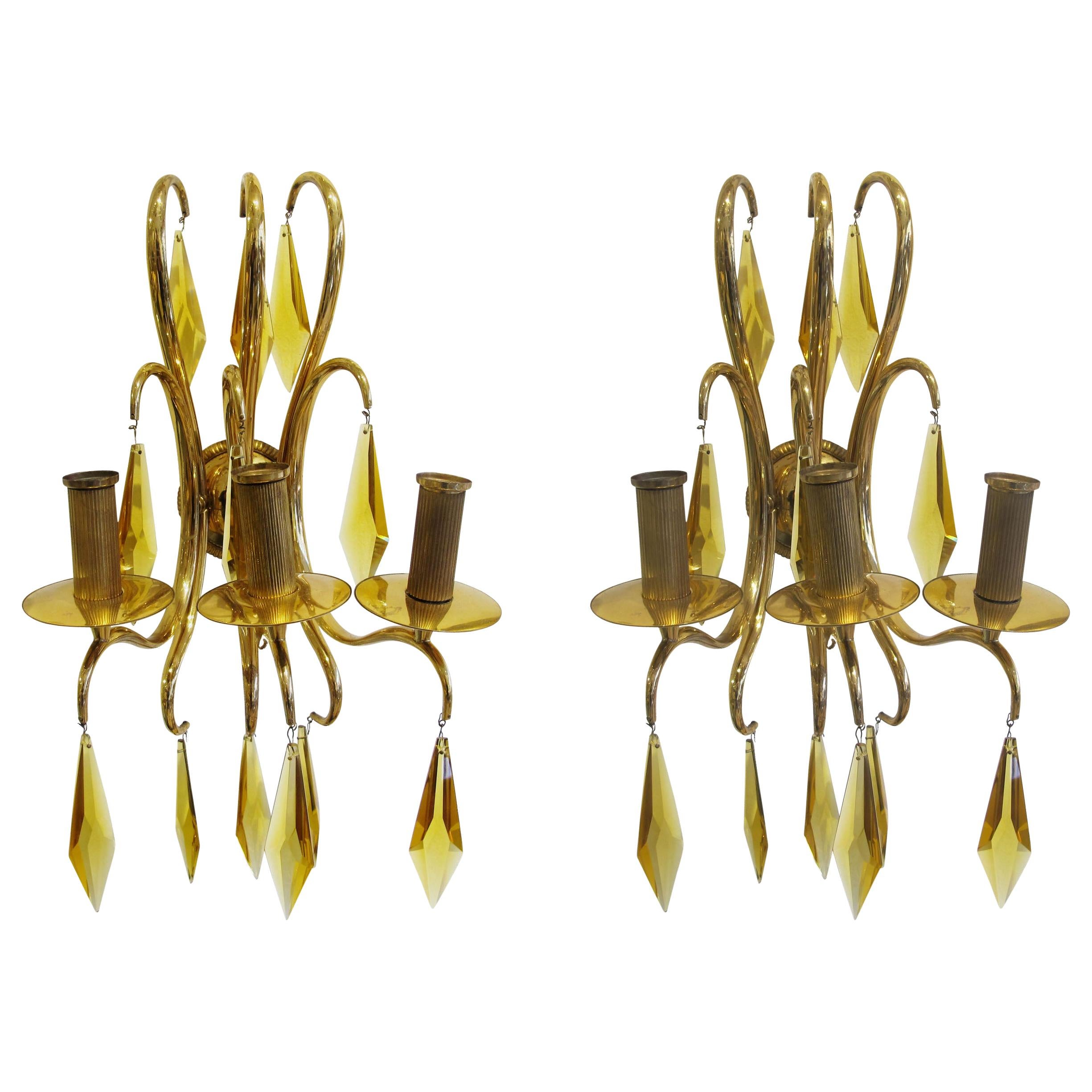1940s French Bronze and Amber Crystal Wall Lights attributed to André Arbus