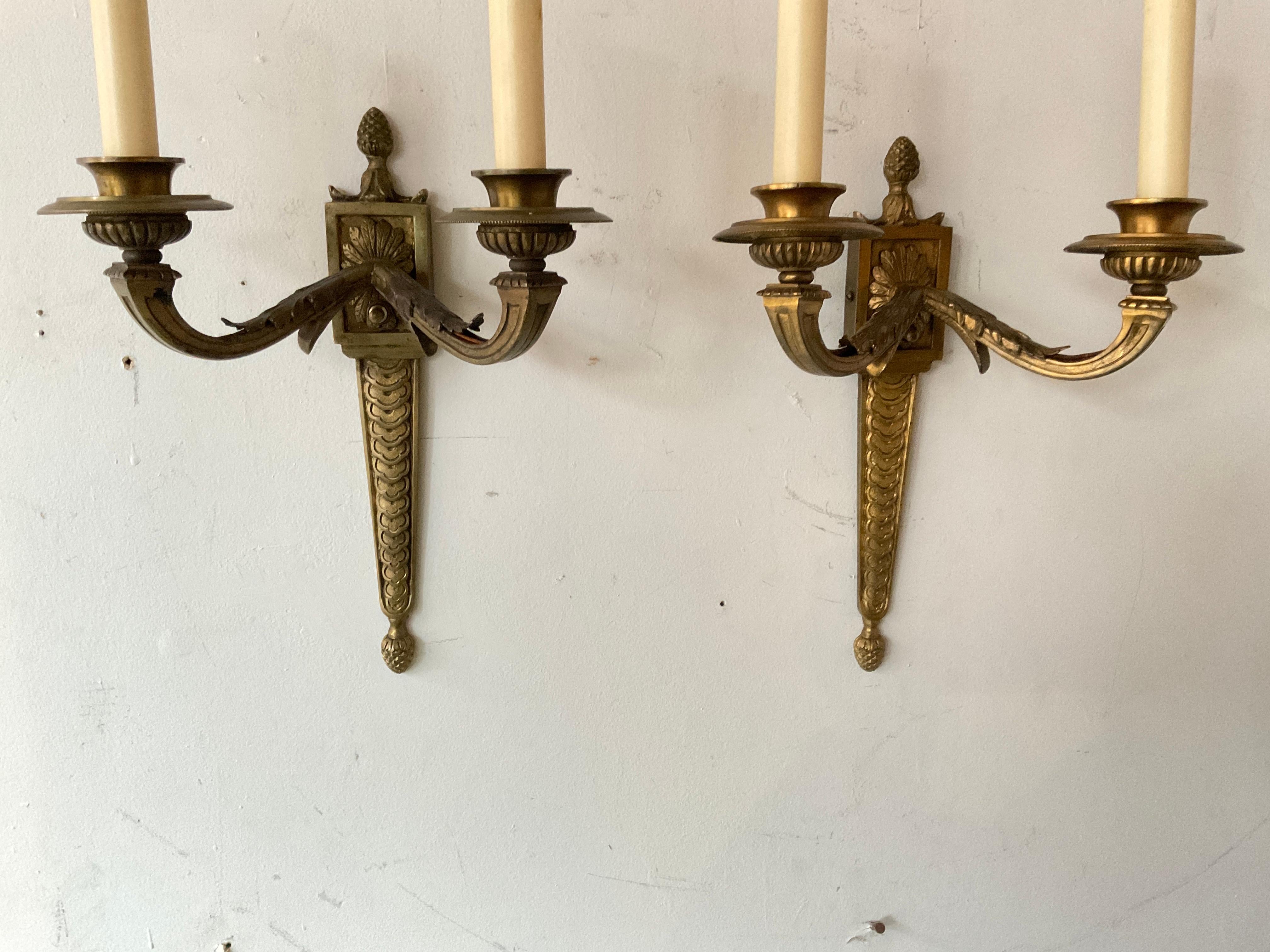 1940s French bronze classical sconces.