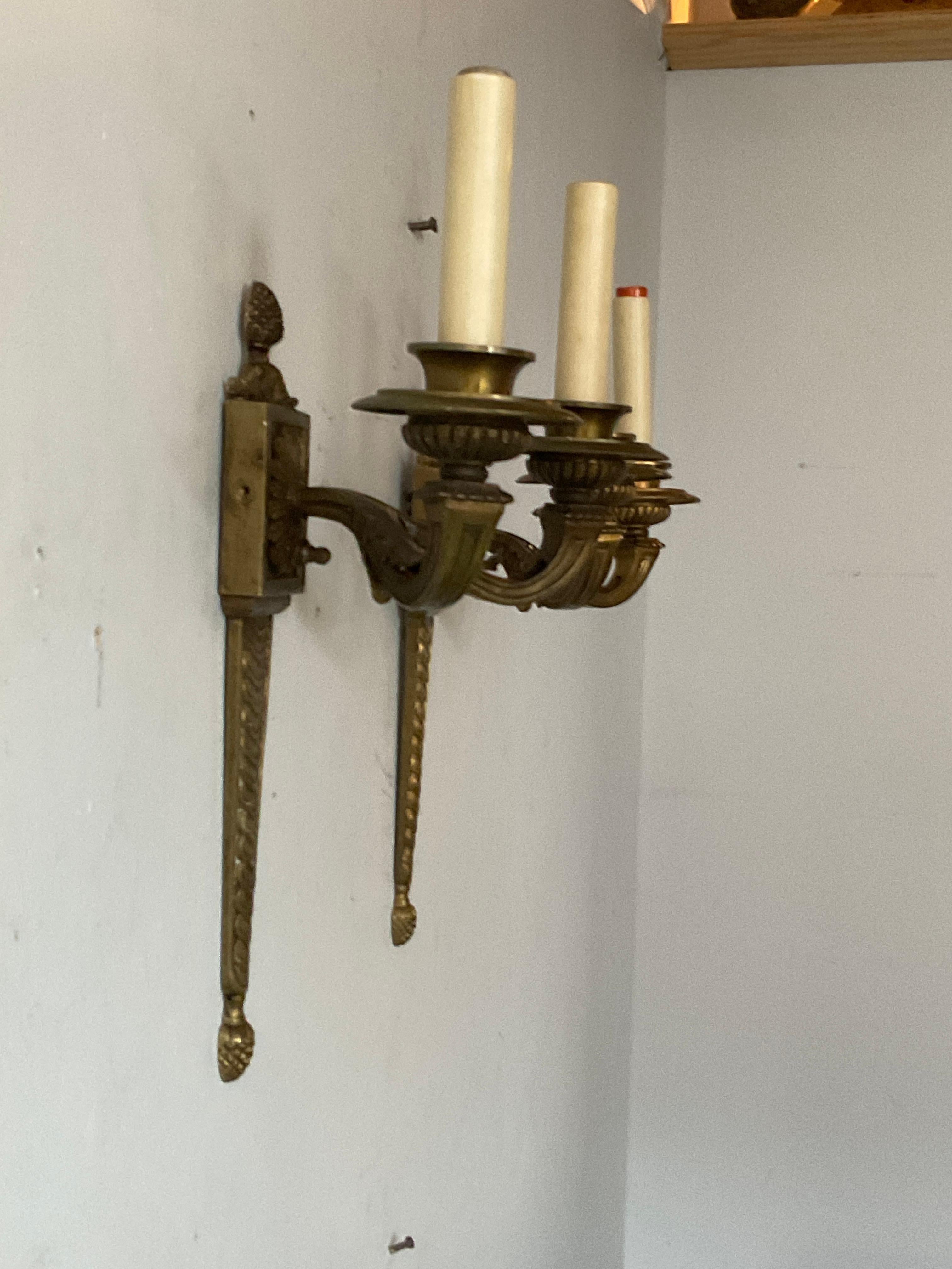 1940s, French Bronze Classical Sconces In Good Condition For Sale In Tarrytown, NY