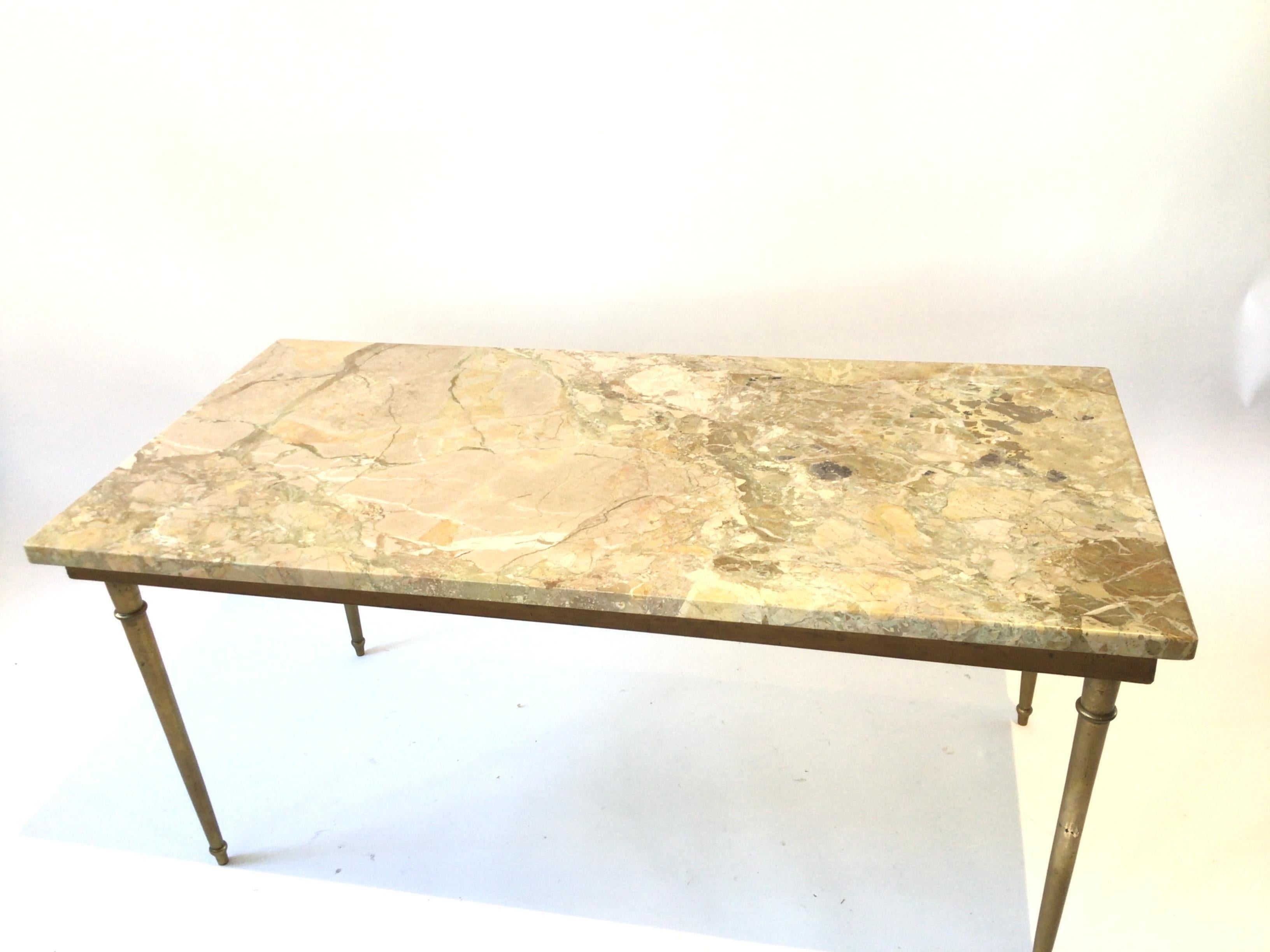 French 1940s marble top and bronze coffee table. Simple and elegant.