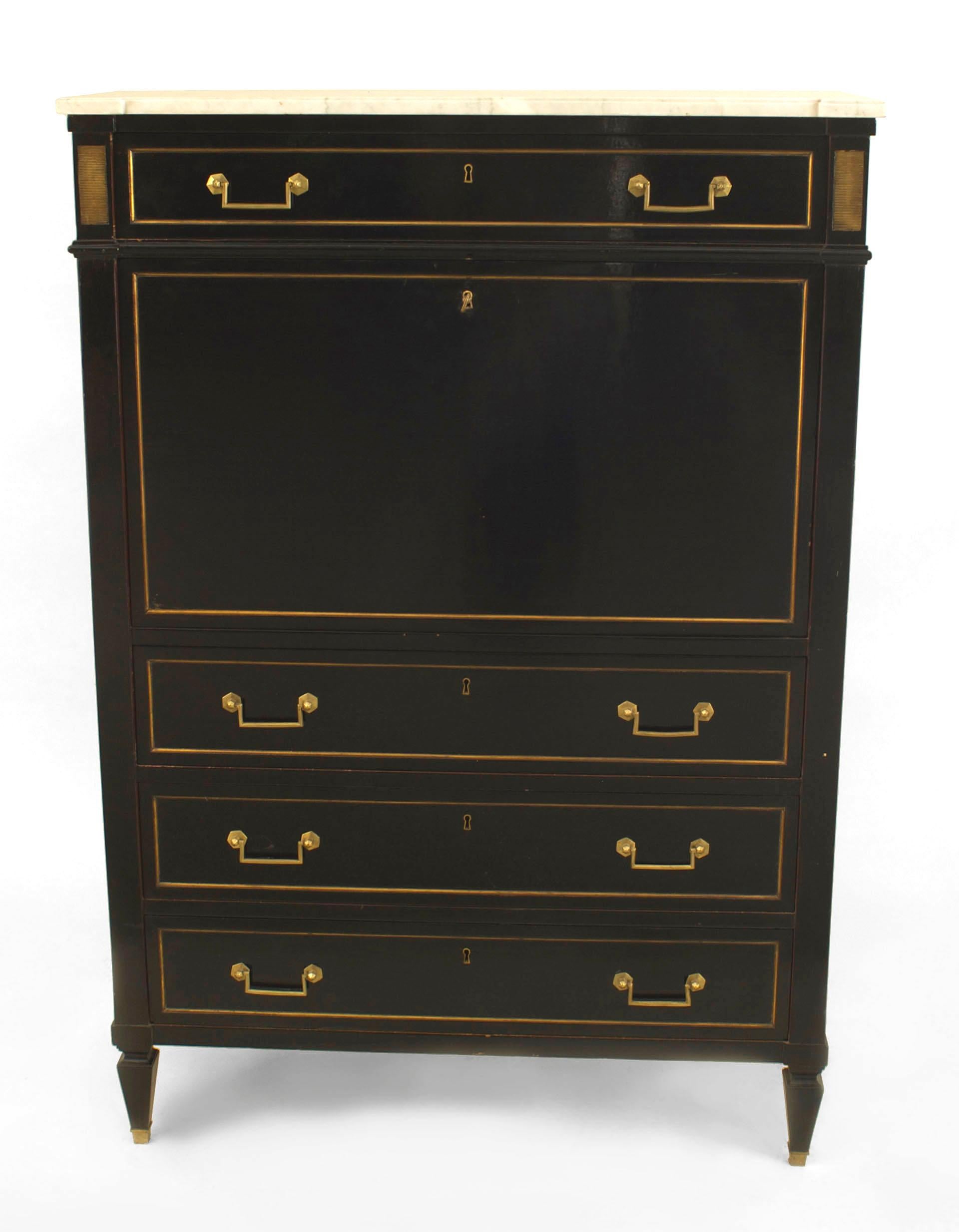 French Louis XVI-style (1940s) ebonized & bronze trim abbatant form desk with a drop front interior above 3 drawers and below a single drawer & a white marble top. (stamped: JANSEN)
