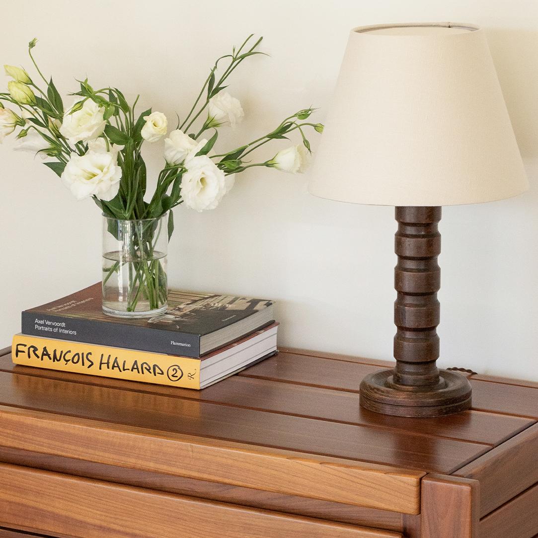 Linen 1940's French Brutalist Wood Lamp