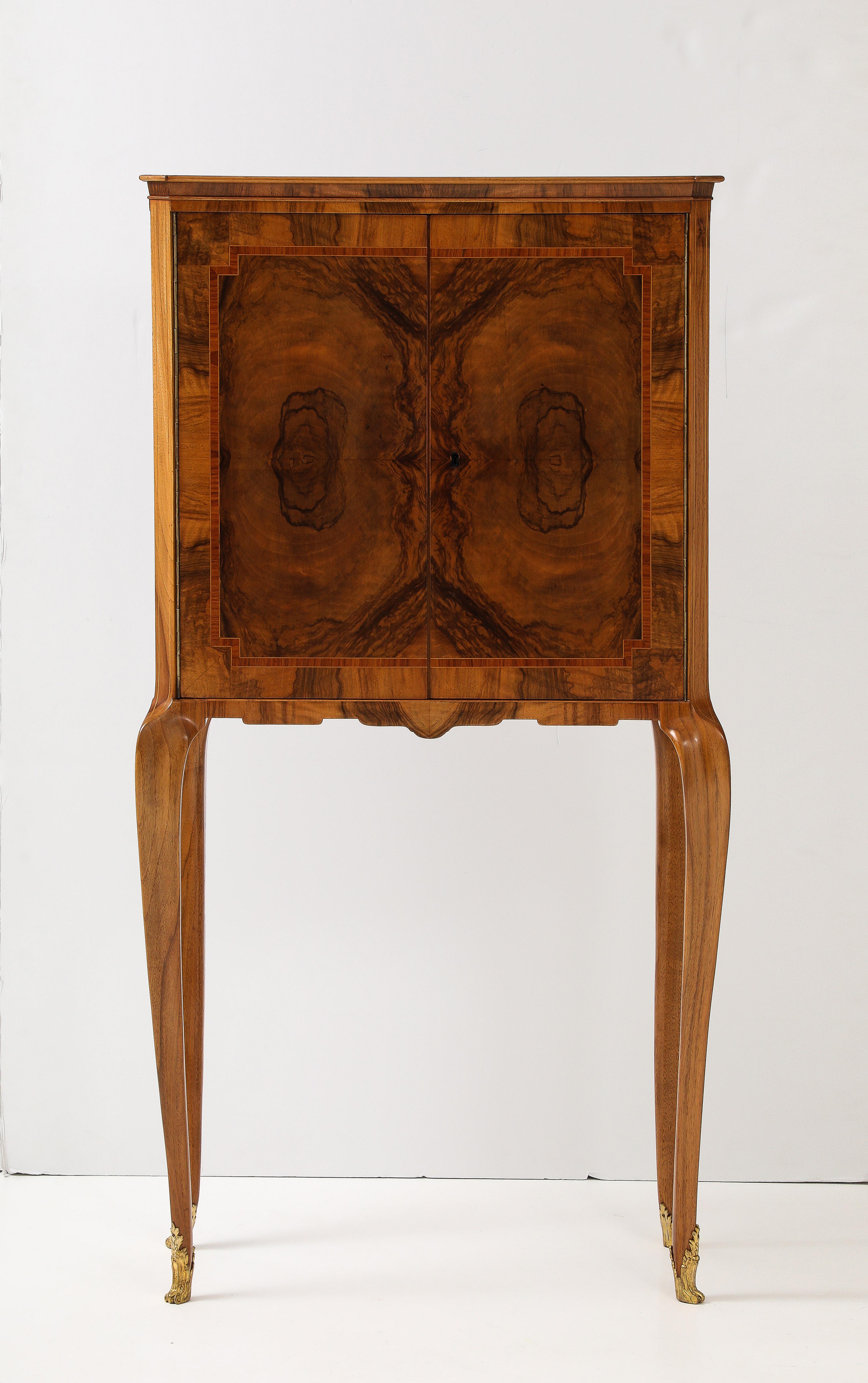 Amazing 1940's exotic burl-wood with inlay detail tall French bar cabinet with key and single drawer, fully restored with some wear and patina due to age and use.