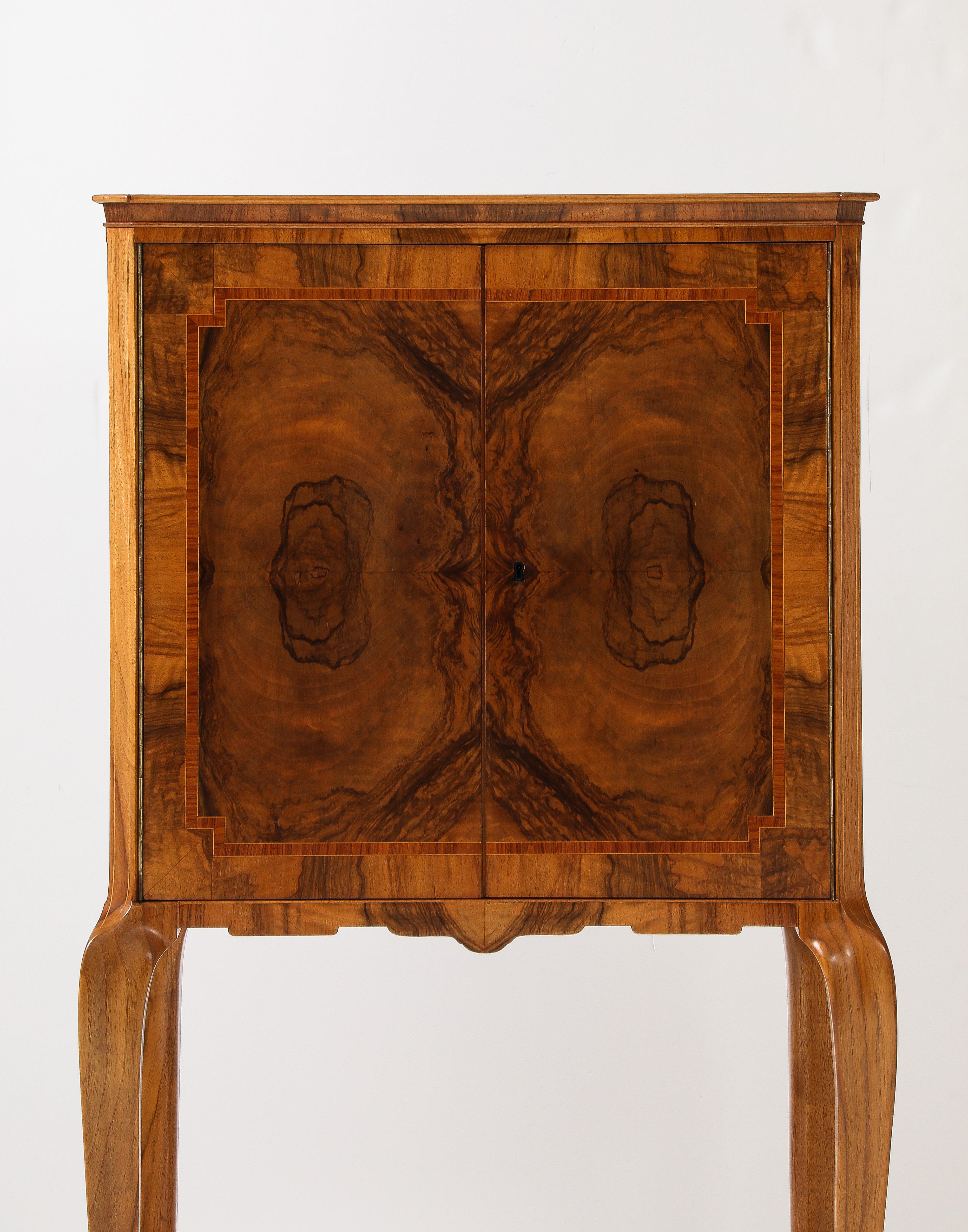 Brass 1940's French Burl-wood Tall Bar Cabinet For Sale