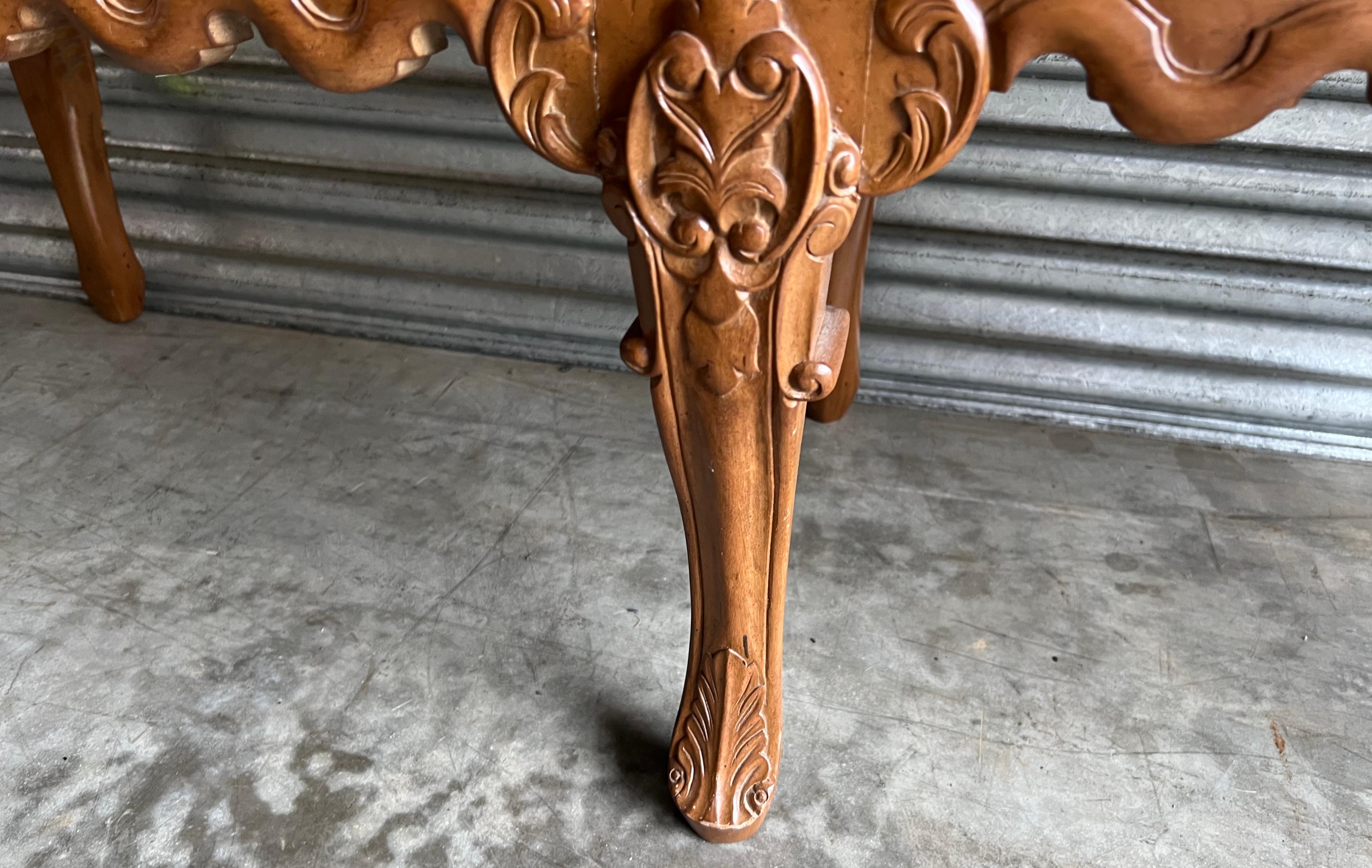 1940s French Carved Fruitwood Bench with Six Legs In Good Condition For Sale In Kennesaw, GA