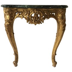 Vintage 1940s French Carved Gilt Wood  Marble Top Console