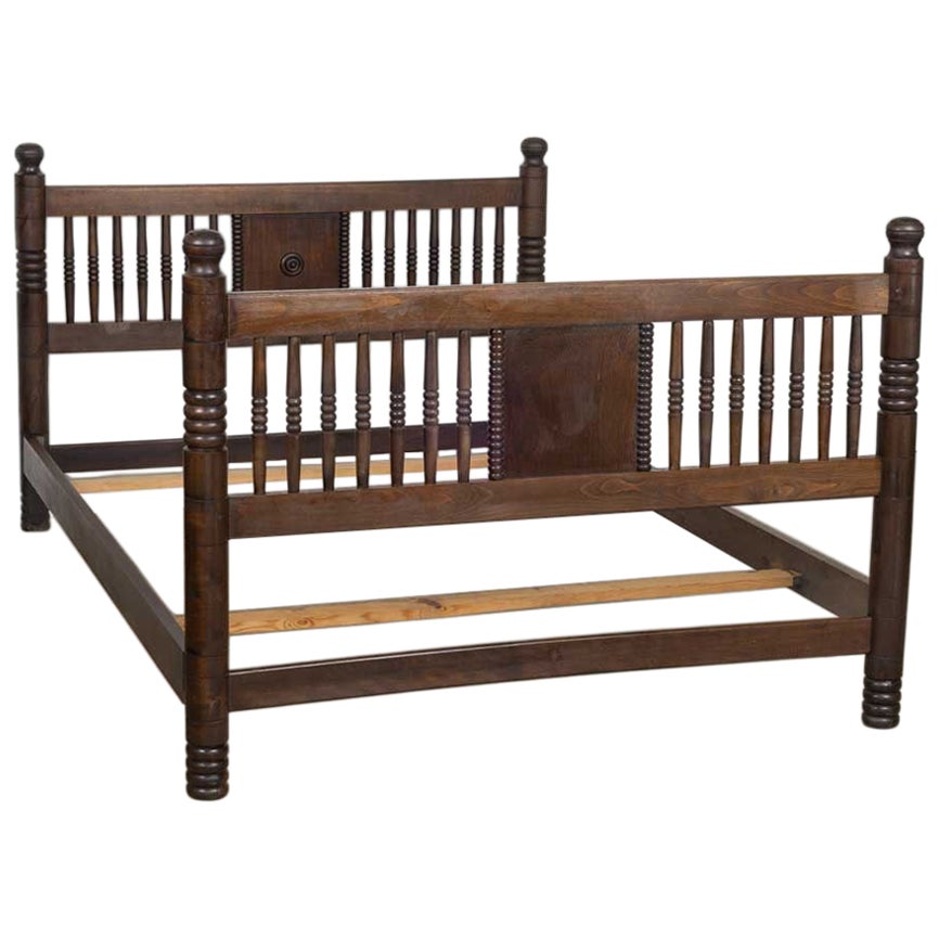 1940s French Carved Wood Double Bed by Charles Dudouyt