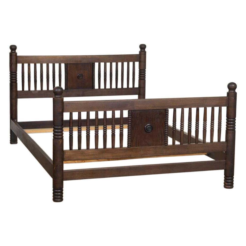 1940s French Carved Wood Double Bed by Charles Dudouyt