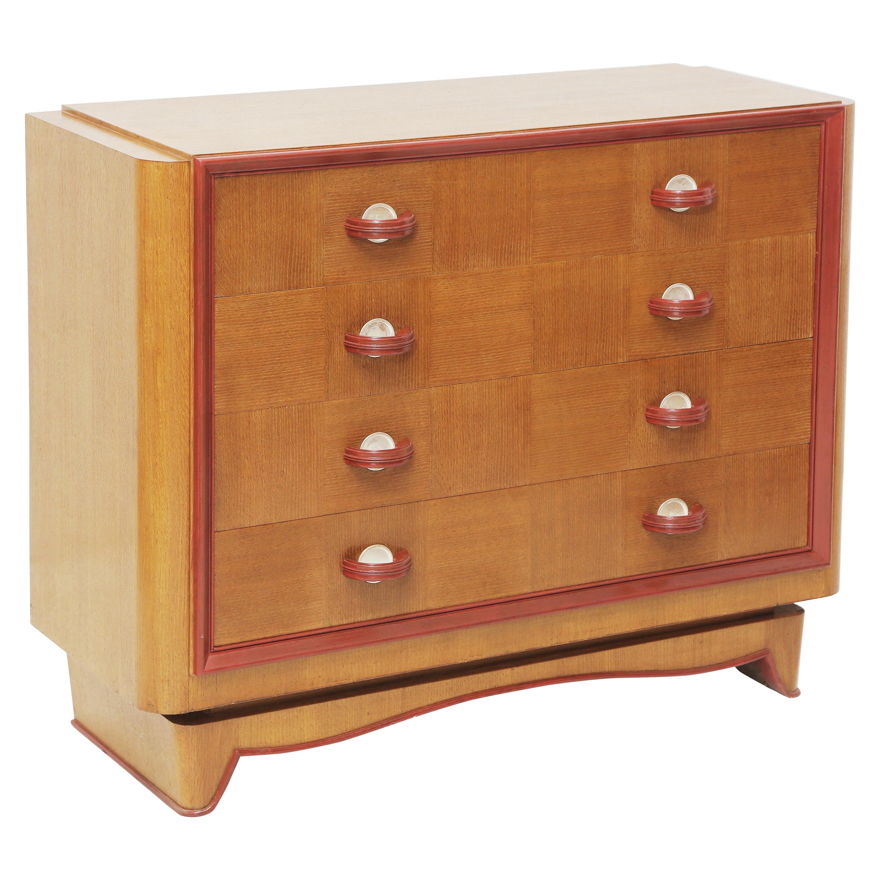 1940s French Cerused Golden Oak Checkerboard Cabinet in the Style of Dupré-Lafon