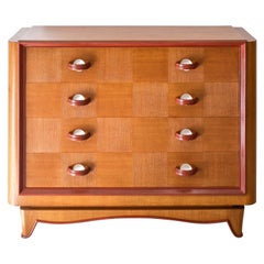 1940s French Cerused Golden Oak Checkerboard Cabinet in the Style of Dupré-Lafon