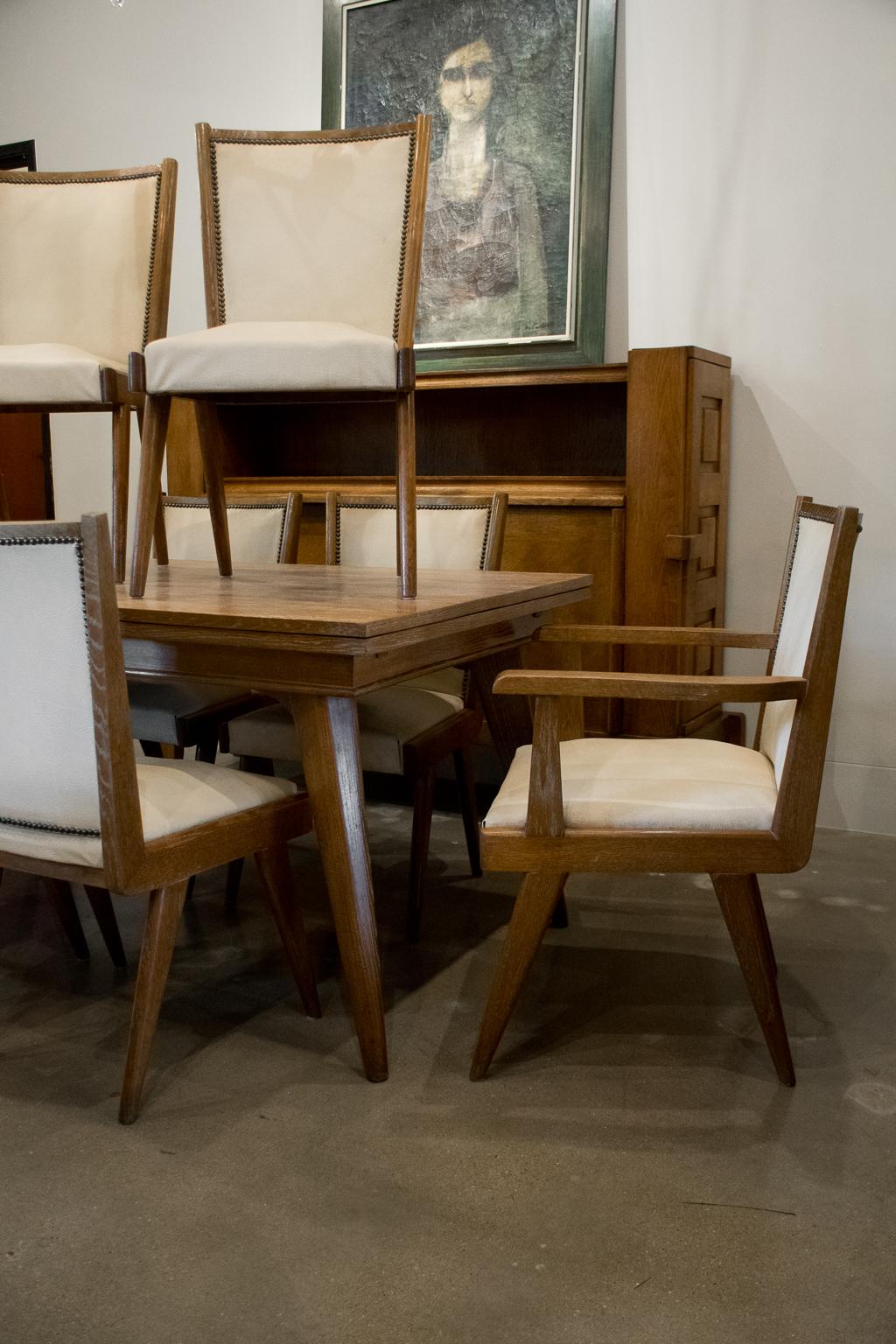 Mid-Century Modern 1940s French Cerused Oak Extension Dining Table with 8 Chairs
