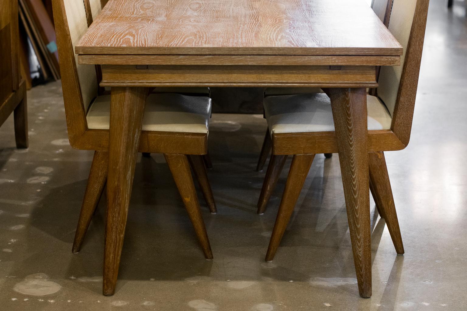 1940s French Cerused Oak Extension Dining Table with 8 Chairs In Good Condition In Austin, TX