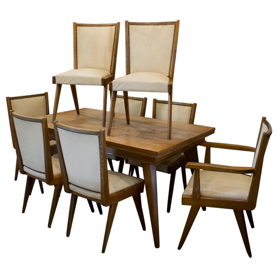 1940s French Cerused Oak Extension Dining Table with 8 Chairs