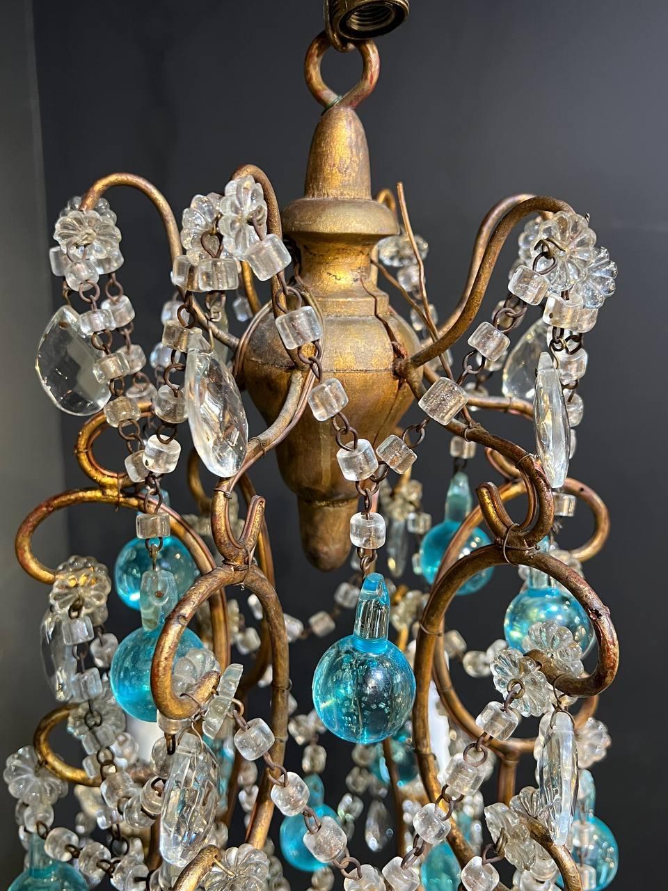 Gilt 1940s French Chandelier with Blue Crystals