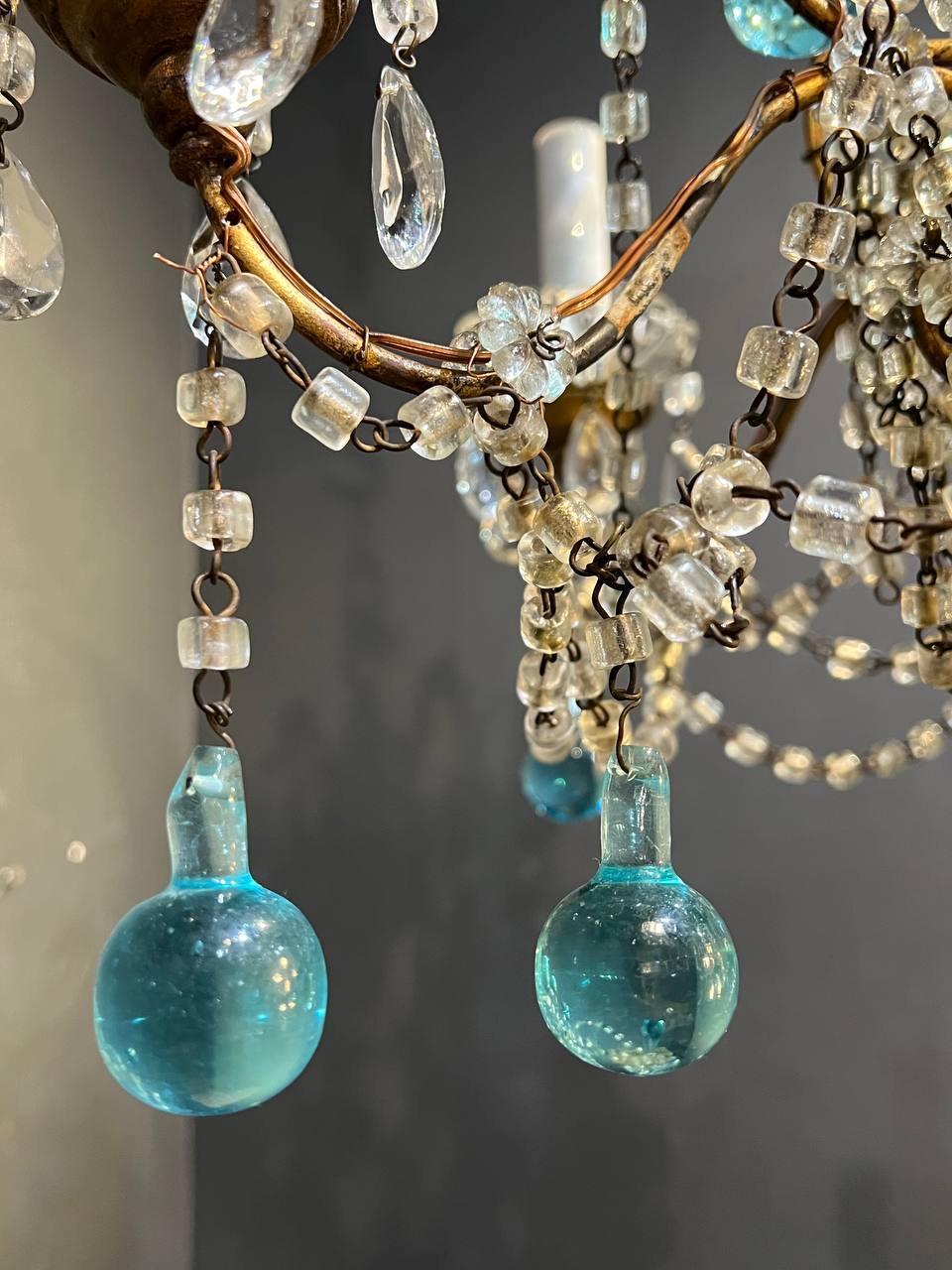 1940’s French Chandelier With Clear and Blue Crystals In Good Condition For Sale In New York, NY