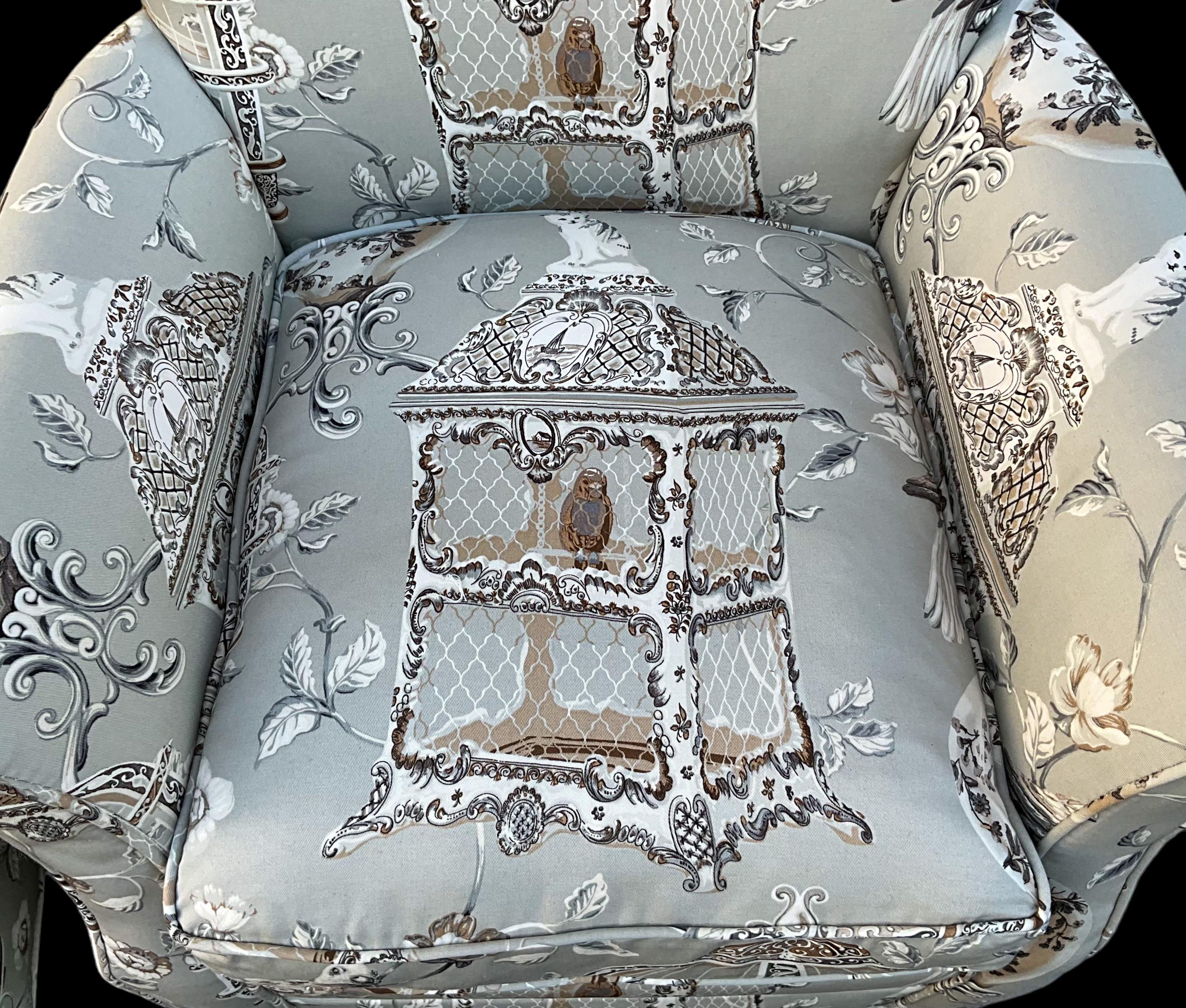 20th Century 1940s French Children’s Wingback Chairs In Cat & Birdcage Toile / Chintz - Pair For Sale