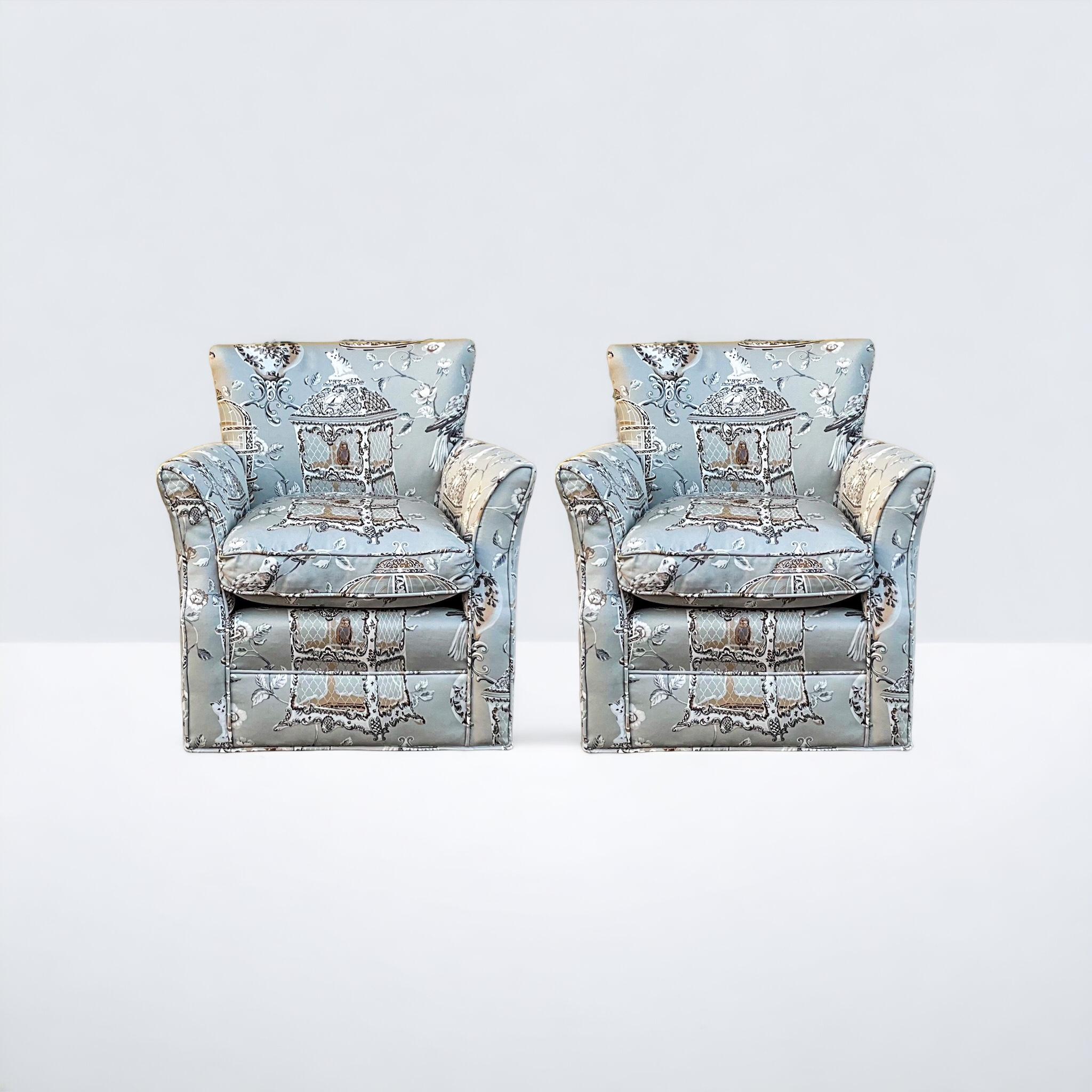 Brass 1940s French Children’s Wingback Chairs In Cat & Birdcage Toile / Chintz - Pair For Sale