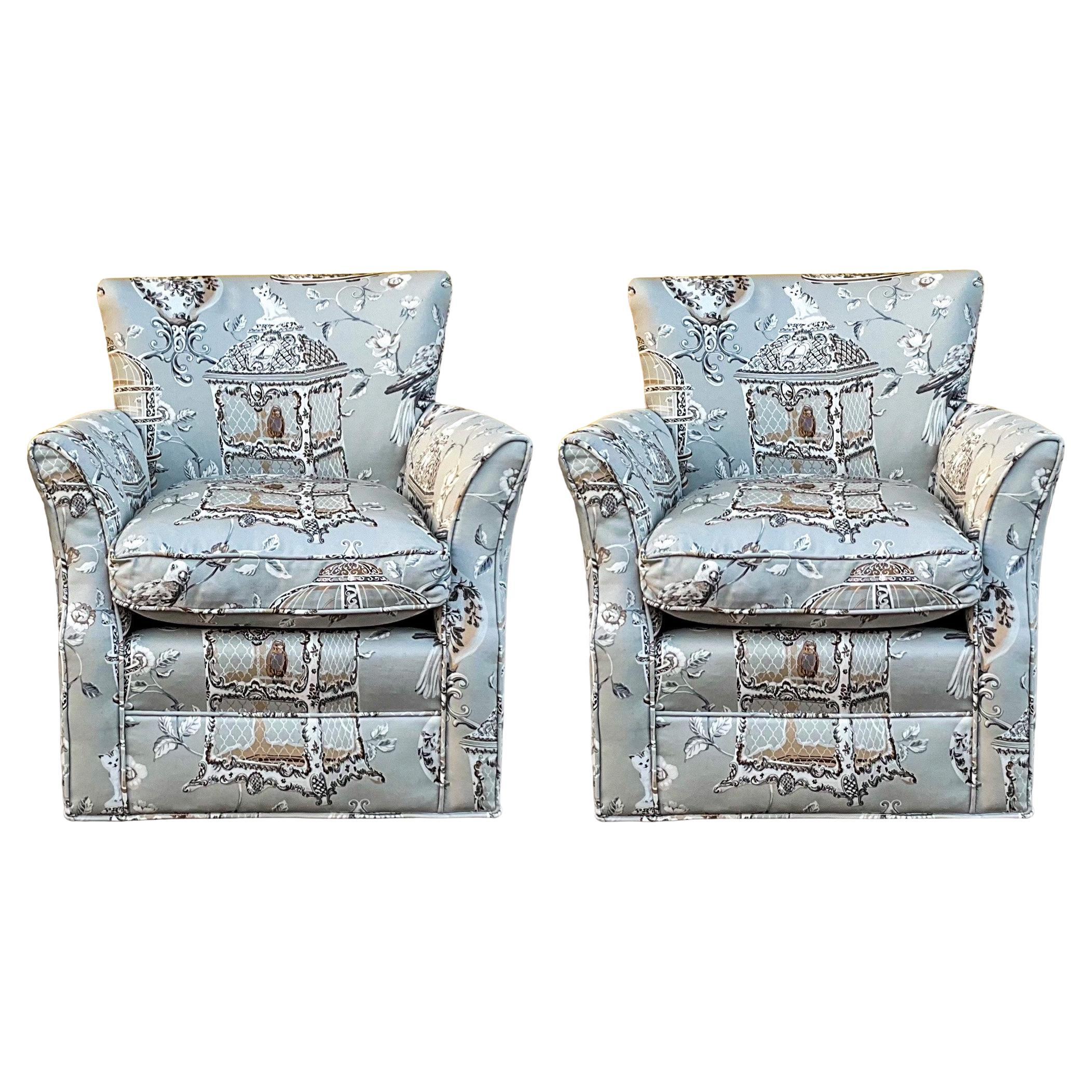 1940s French Children’s Wingback Chairs In Cat & Birdcage Toile / Chintz - Pair For Sale