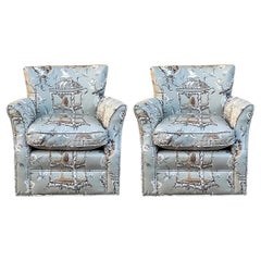 1940s French Children’s Wingback Chairs In Cat & Birdcage Toile / Chintz - Pair
