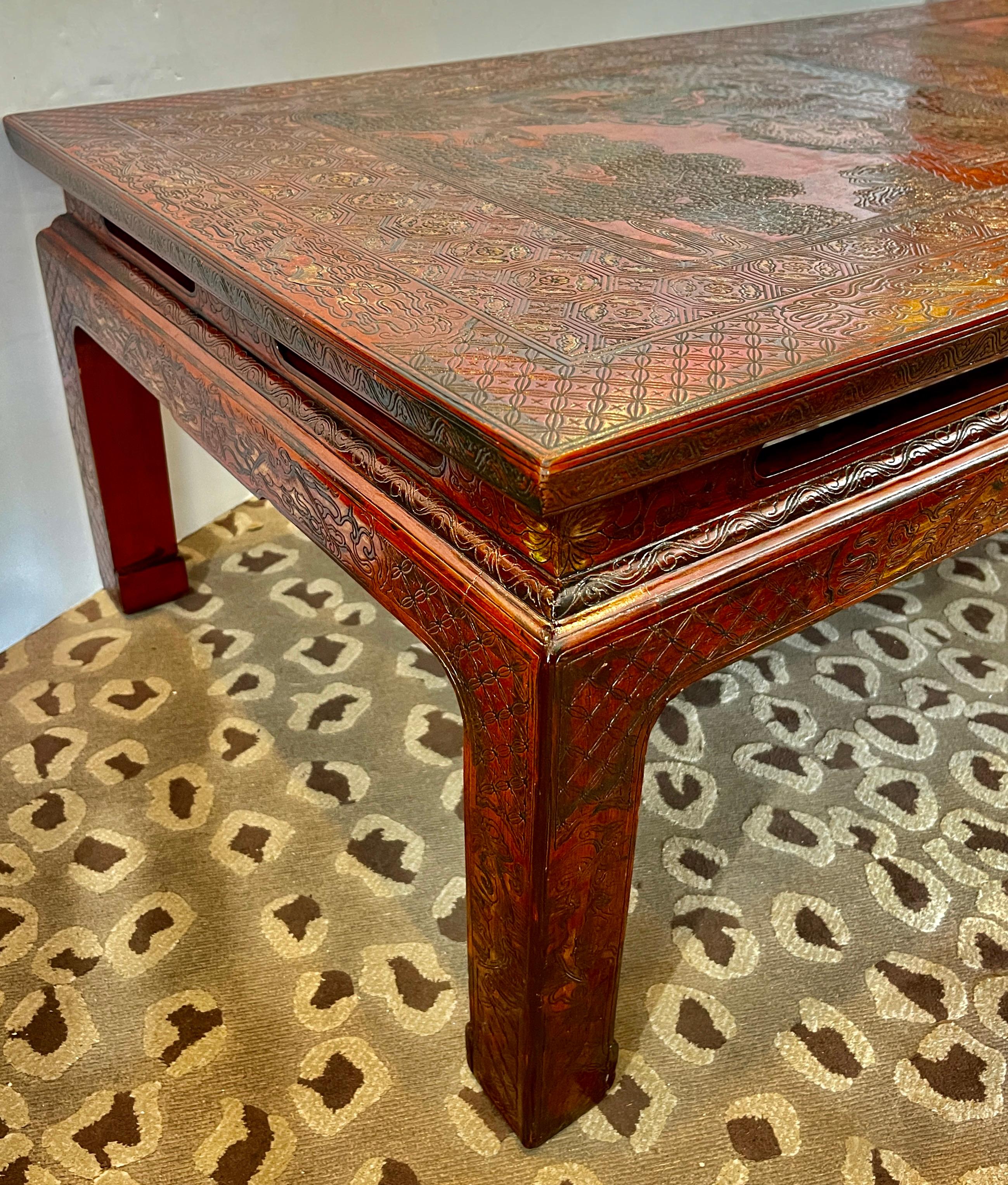 Chinoiseries 1940's French Chinoiserie Hand Carved Red Lacquer Table Cocktail Table en vente