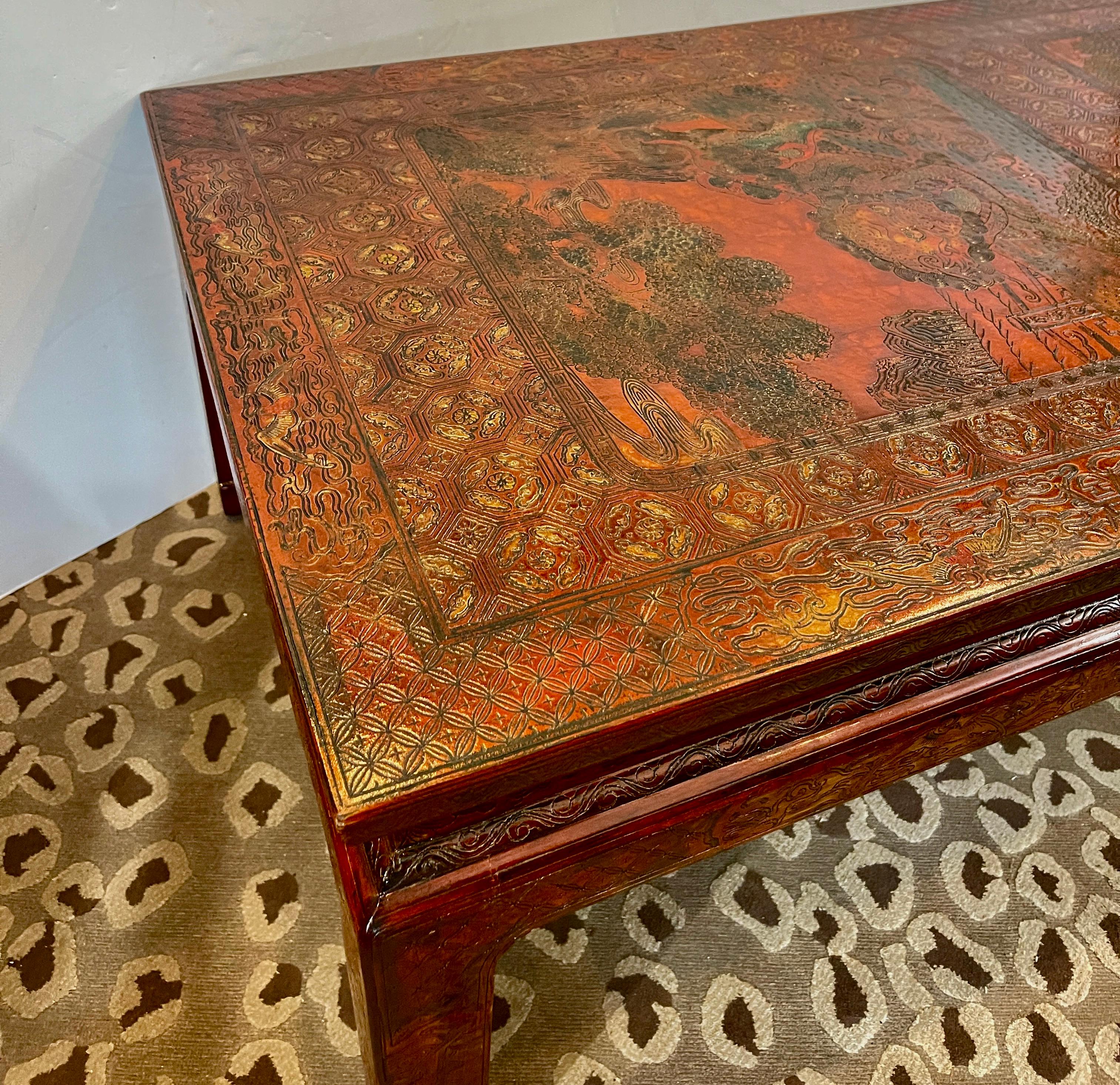 1940's French Chinoiserie Hand Carved Red Lacquer Table Cocktail Table Bon état - En vente à West Palm Beach, FL