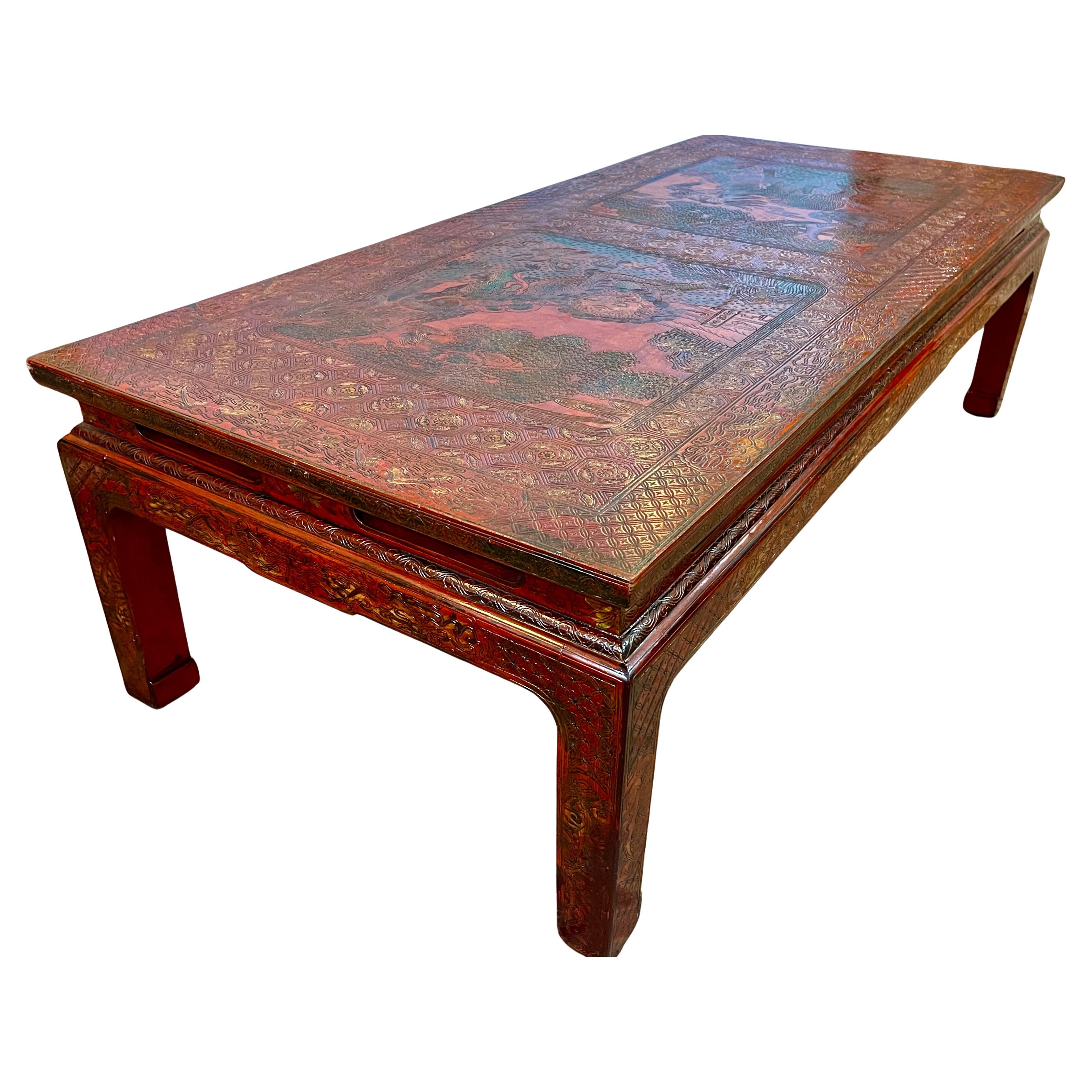 1940's French Chinoiserie Hand Carved Red Lacquer Table Cocktail Table
