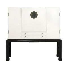 1940s French Chinoiserie-Style Black and White Lacquered Bar Cabinet