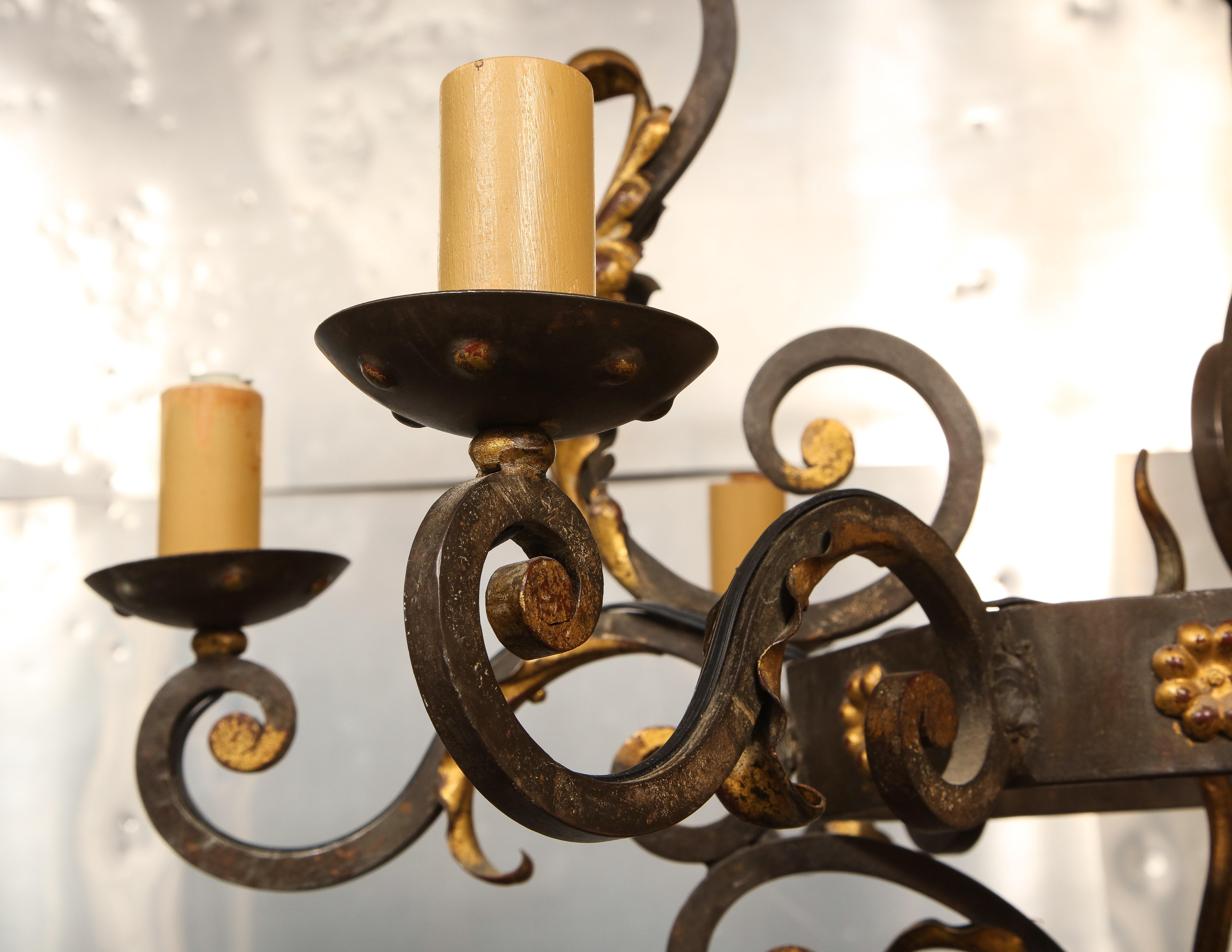1940s French Classical Modern Gilt-Iron Six-Arm Chandelier For Sale 1