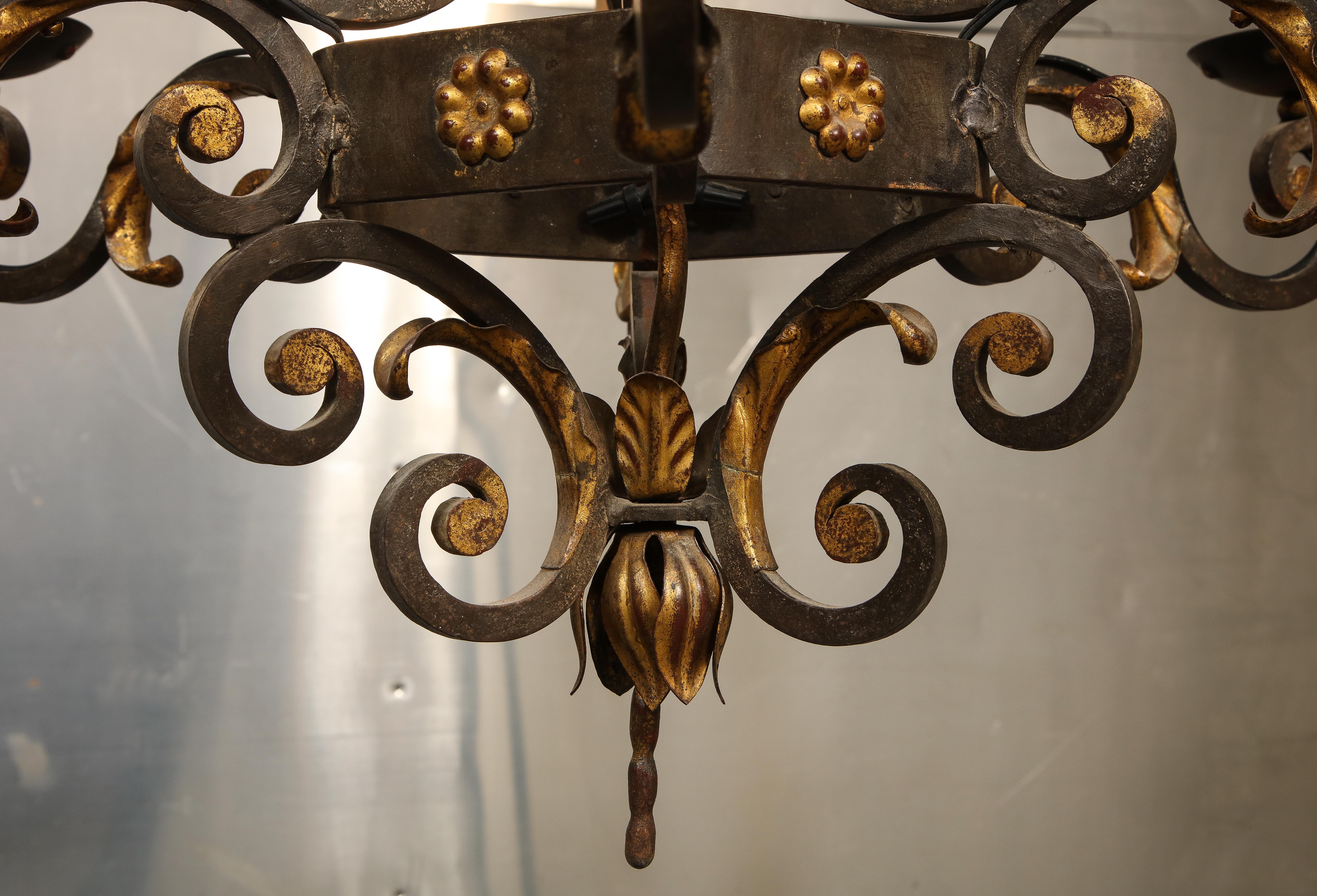 1940s French Classical Modern Gilt-Iron Six-Arm Chandelier For Sale 2