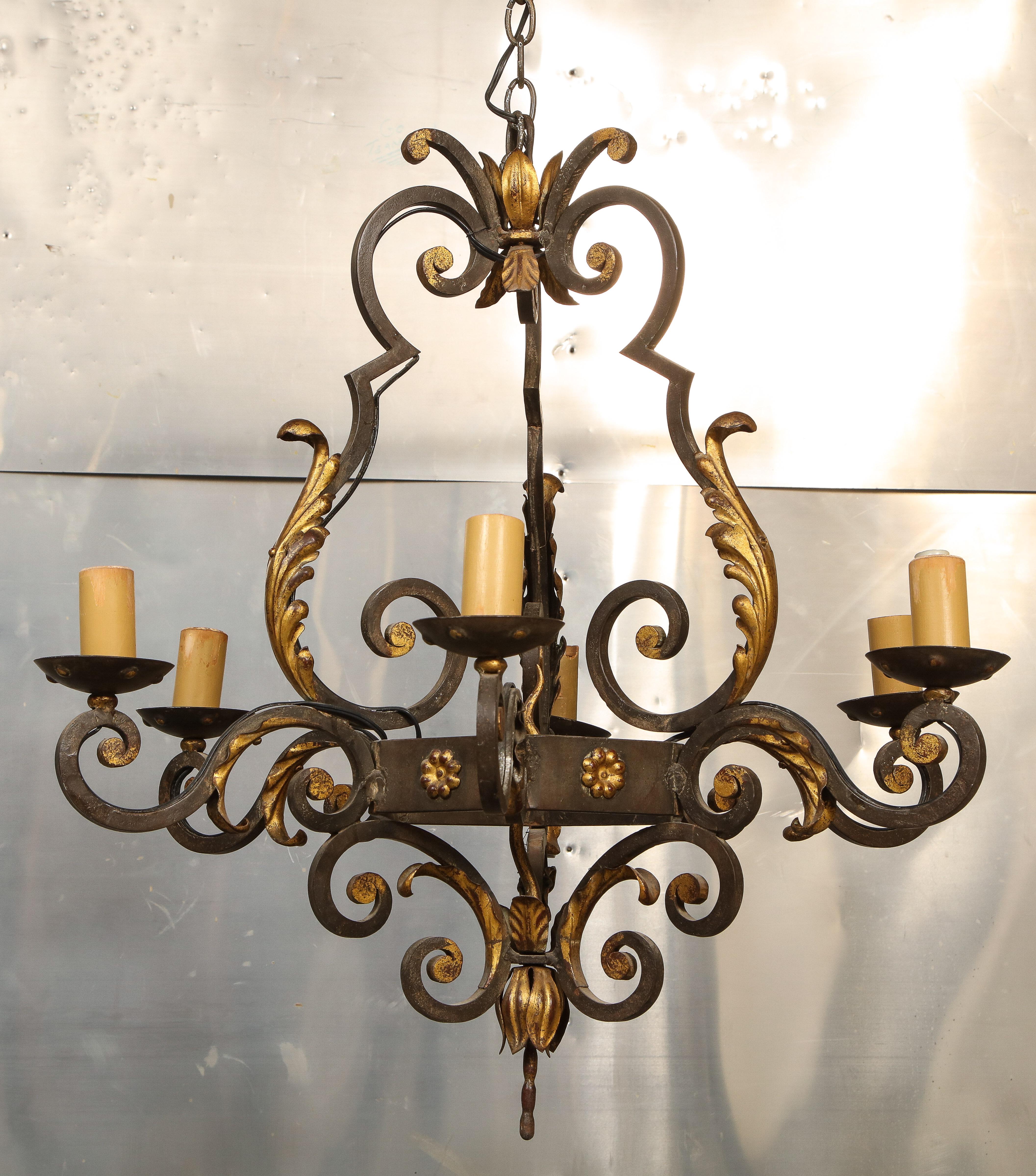 1940s French Classical Modern Gilt-Iron Six-Arm Chandelier For Sale 3