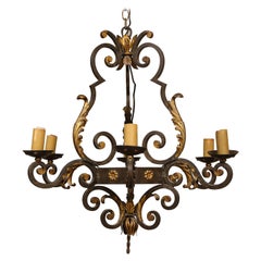 1940s French Classical Modern Gilt-Iron Six-Arm Chandelier