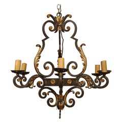 Vintage 1940s French Classical Modern Gilt-Iron Six-Arm Chandelier