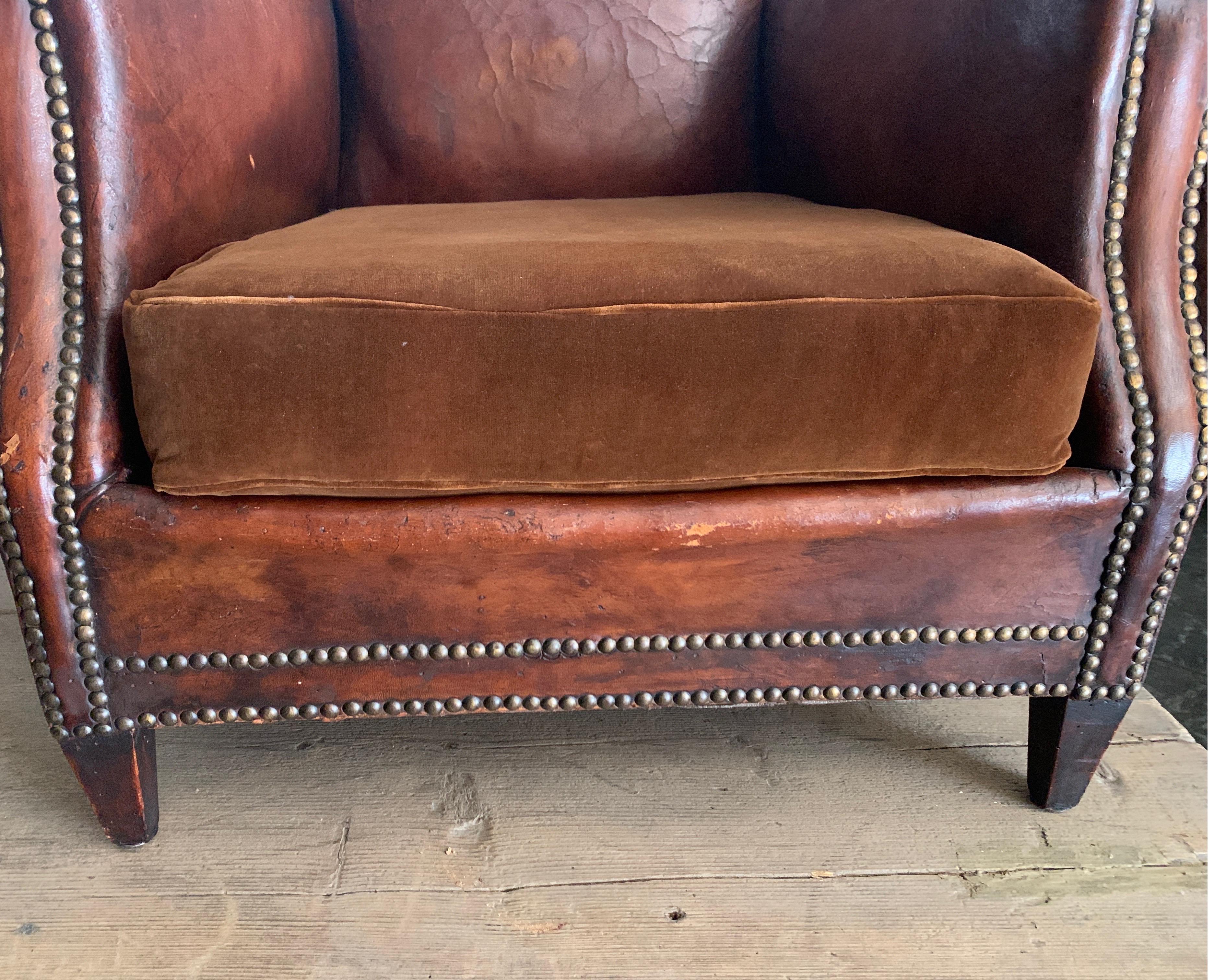 1940s French Club Chairs in Original Cognac Leather and Velvet Cushion 5