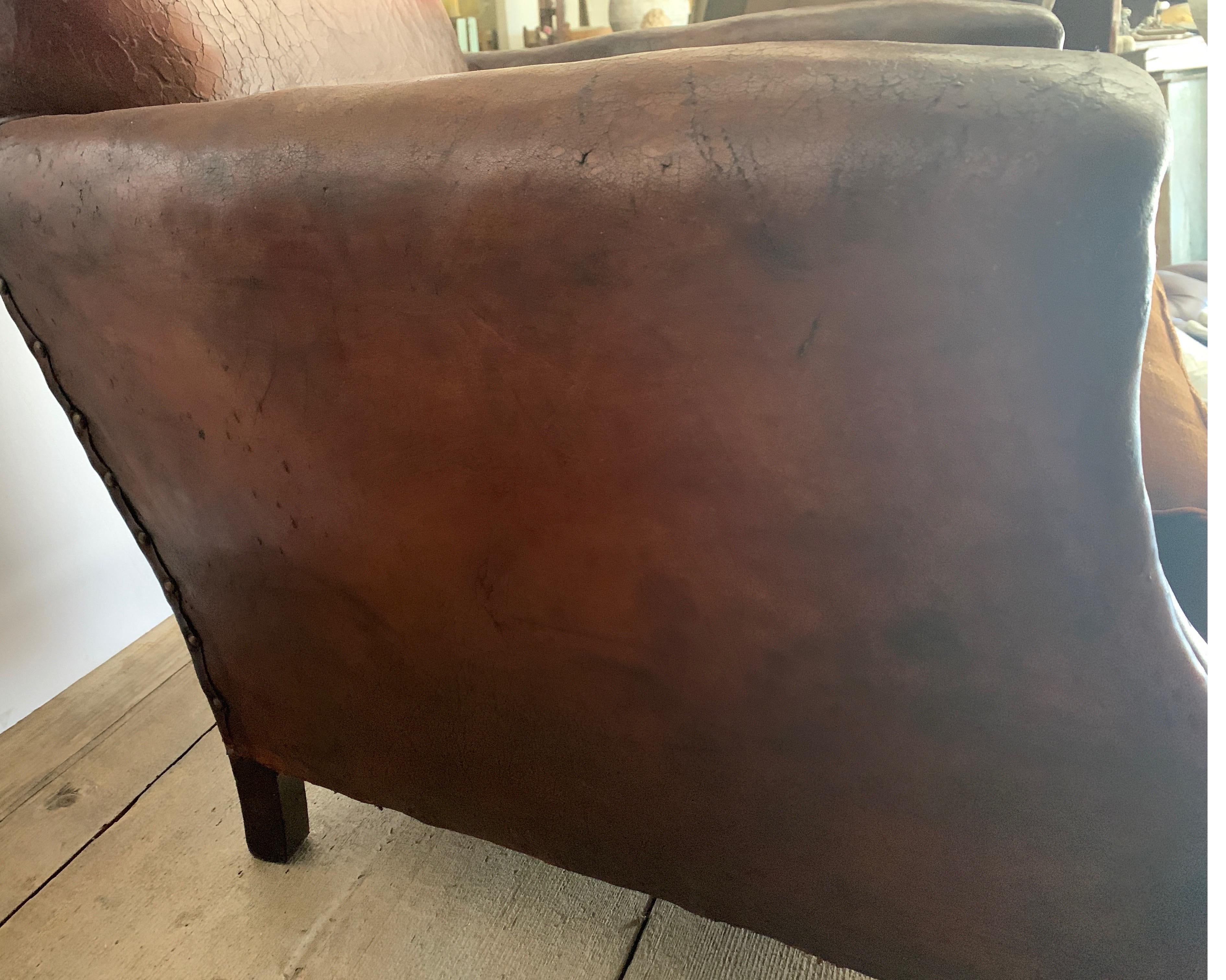 1940s French Club Chairs in Original Cognac Leather and Velvet Cushion 6