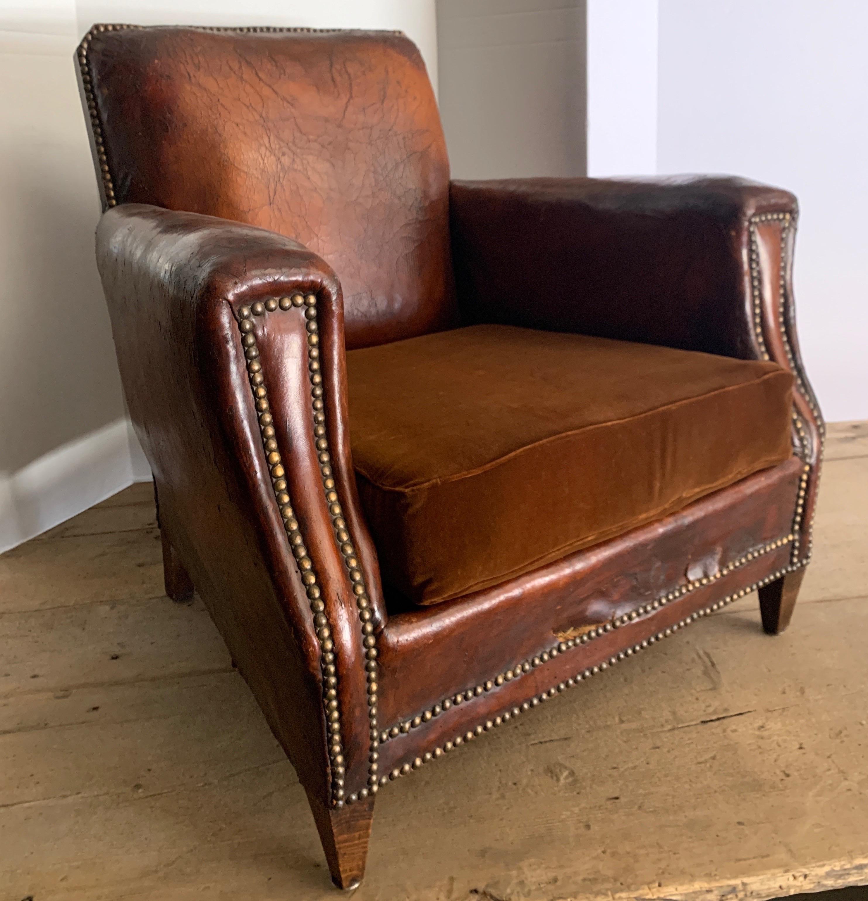 1940s French Club Chairs in Original Cognac Leather and Velvet Cushion 7