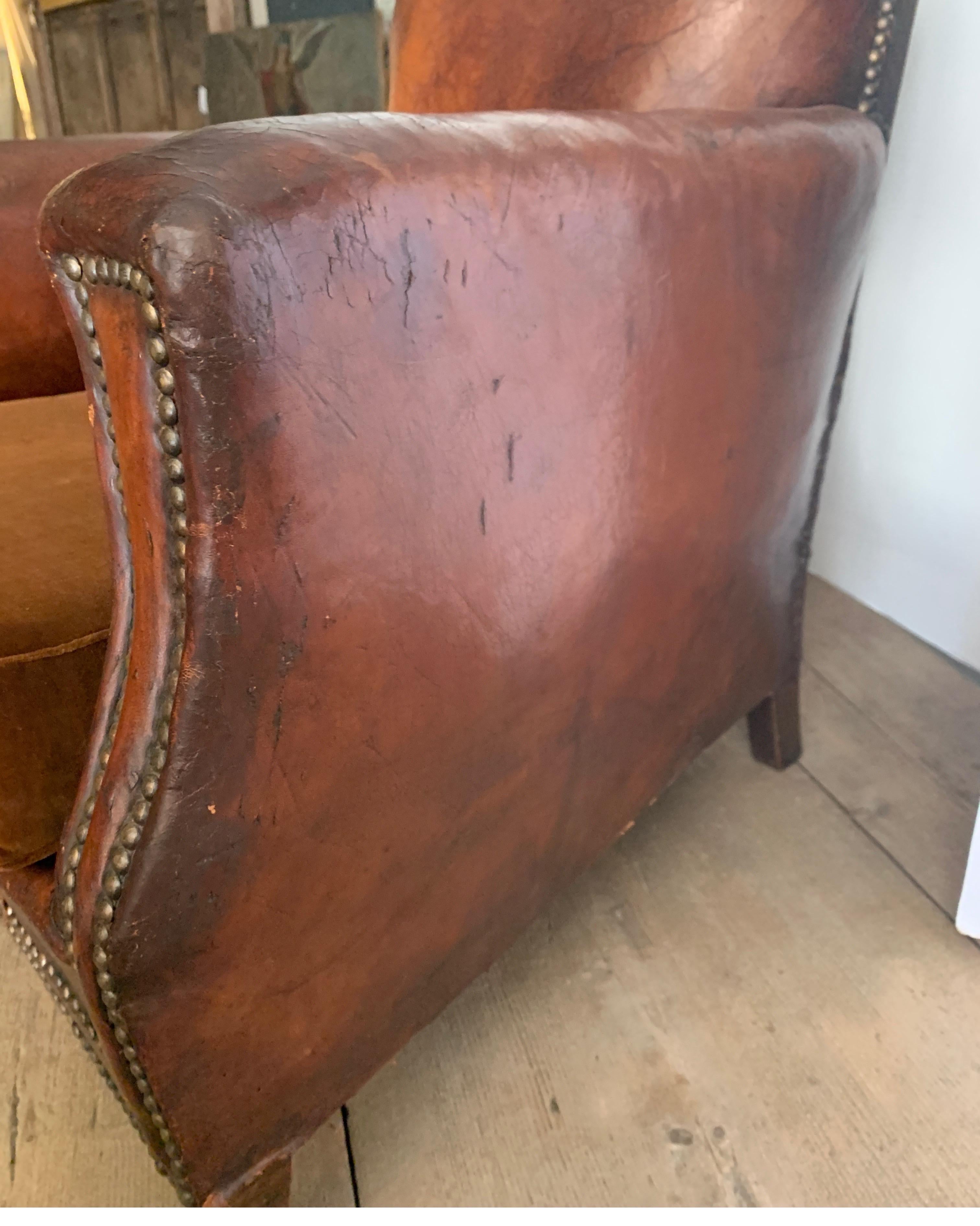 1940s French Club Chairs in Original Cognac Leather and Velvet Cushion 9