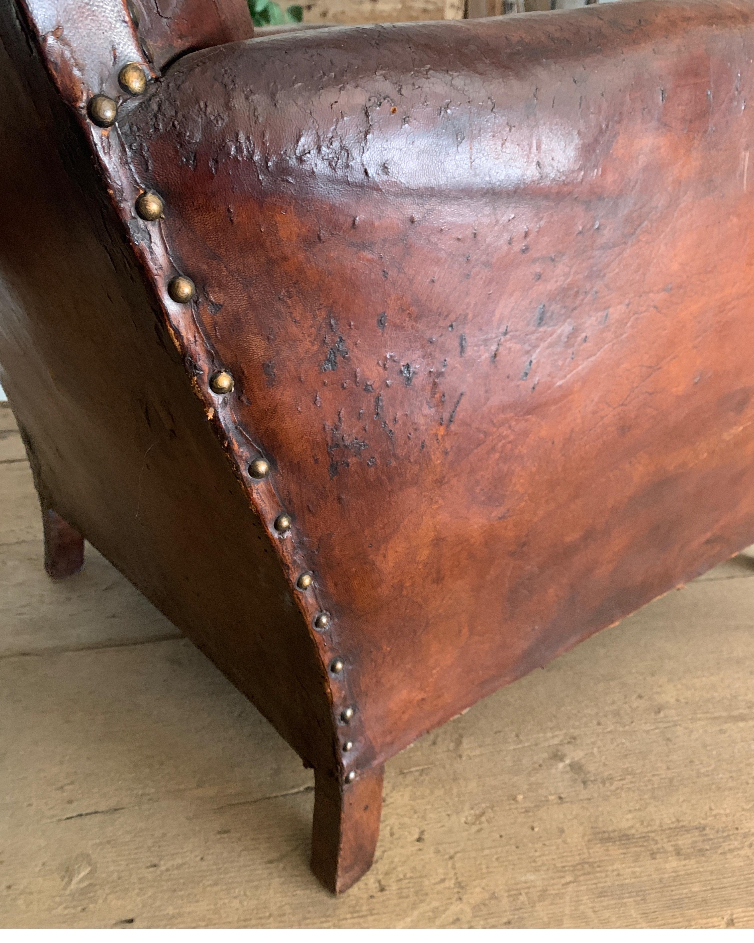 1940s French Club Chairs in Original Cognac Leather and Velvet Cushion 11