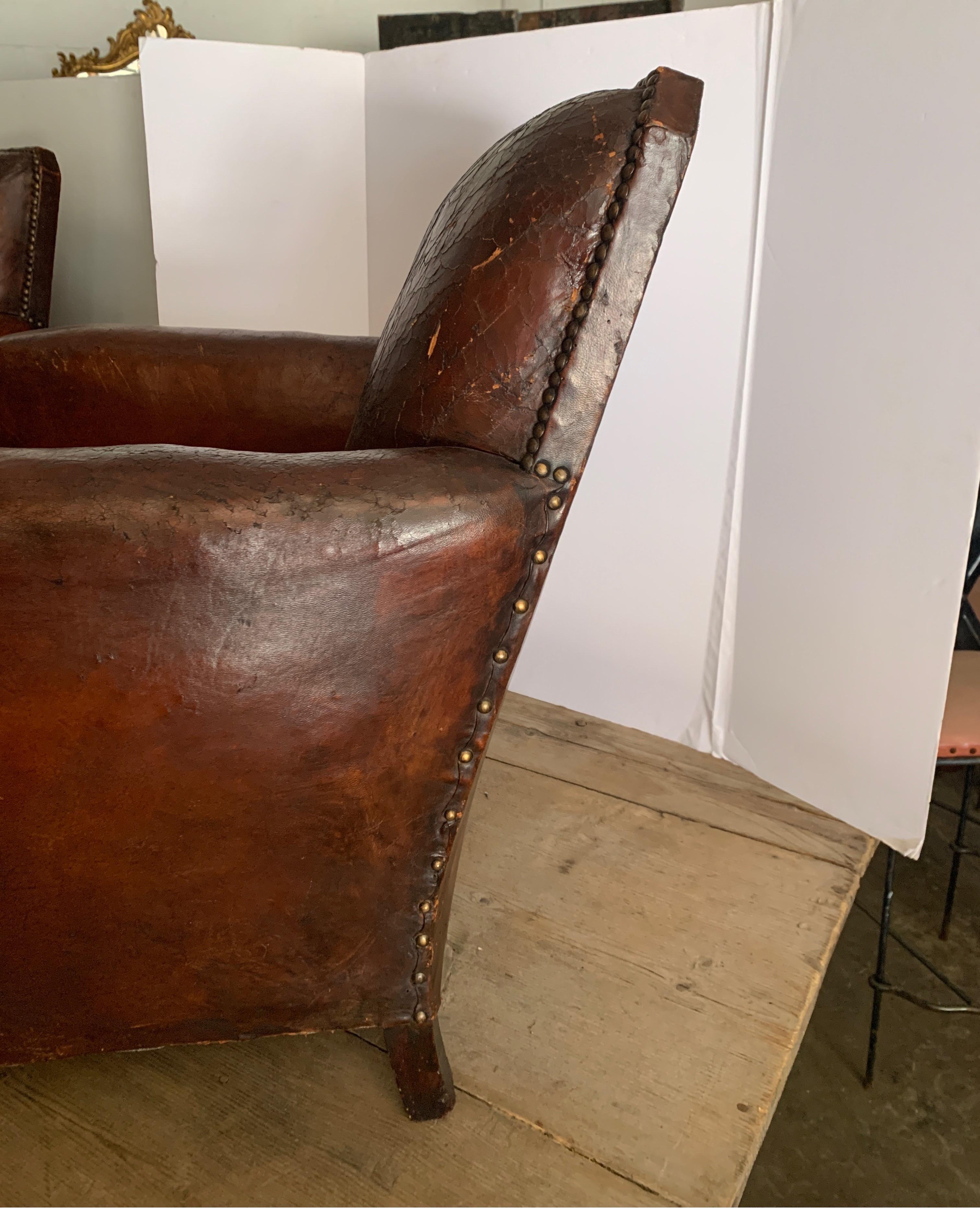 1940s French Club Chairs in Original Cognac Leather and Velvet Cushion In Distressed Condition In Houston, TX