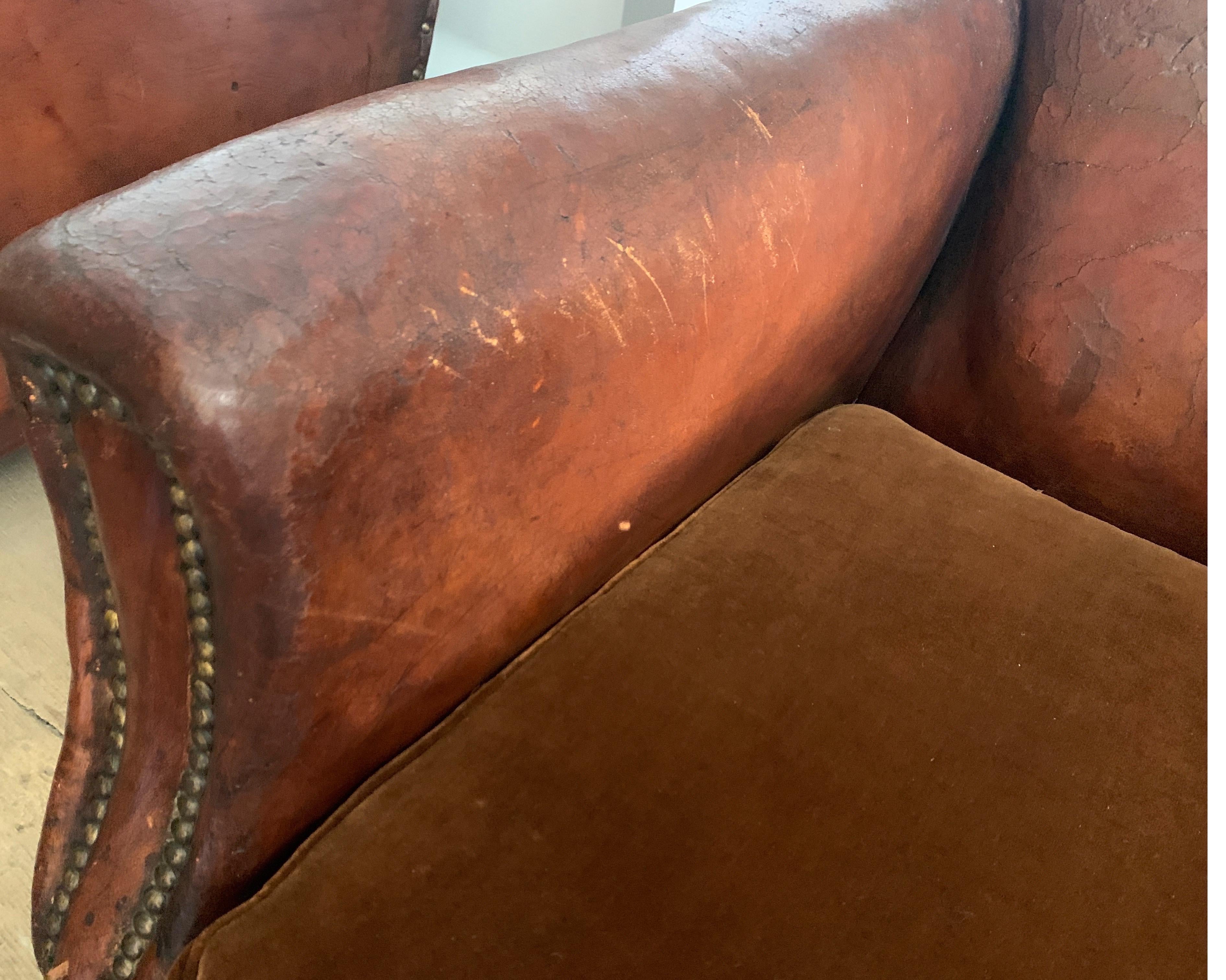 1940s French Club Chairs in Original Cognac Leather and Velvet Cushion 3