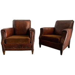 1940s French Club Chairs in Original Cognac Leather and Velvet Cushion