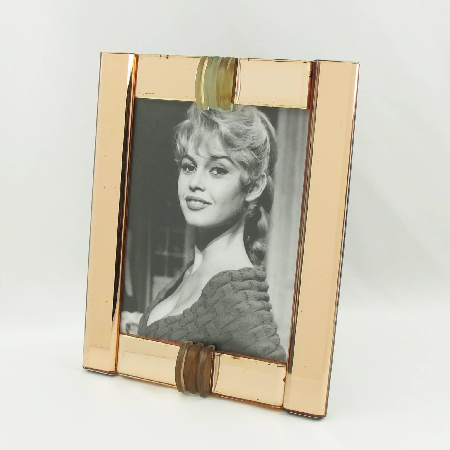 Elegant 1940s French mirrored glass picture photo frame. Deep geometric bevelling and domed sides in lovely copper or pink peach color, compliment with frosted clear glass sliced cabochons. Frame can be placed only in portrait position. Back and